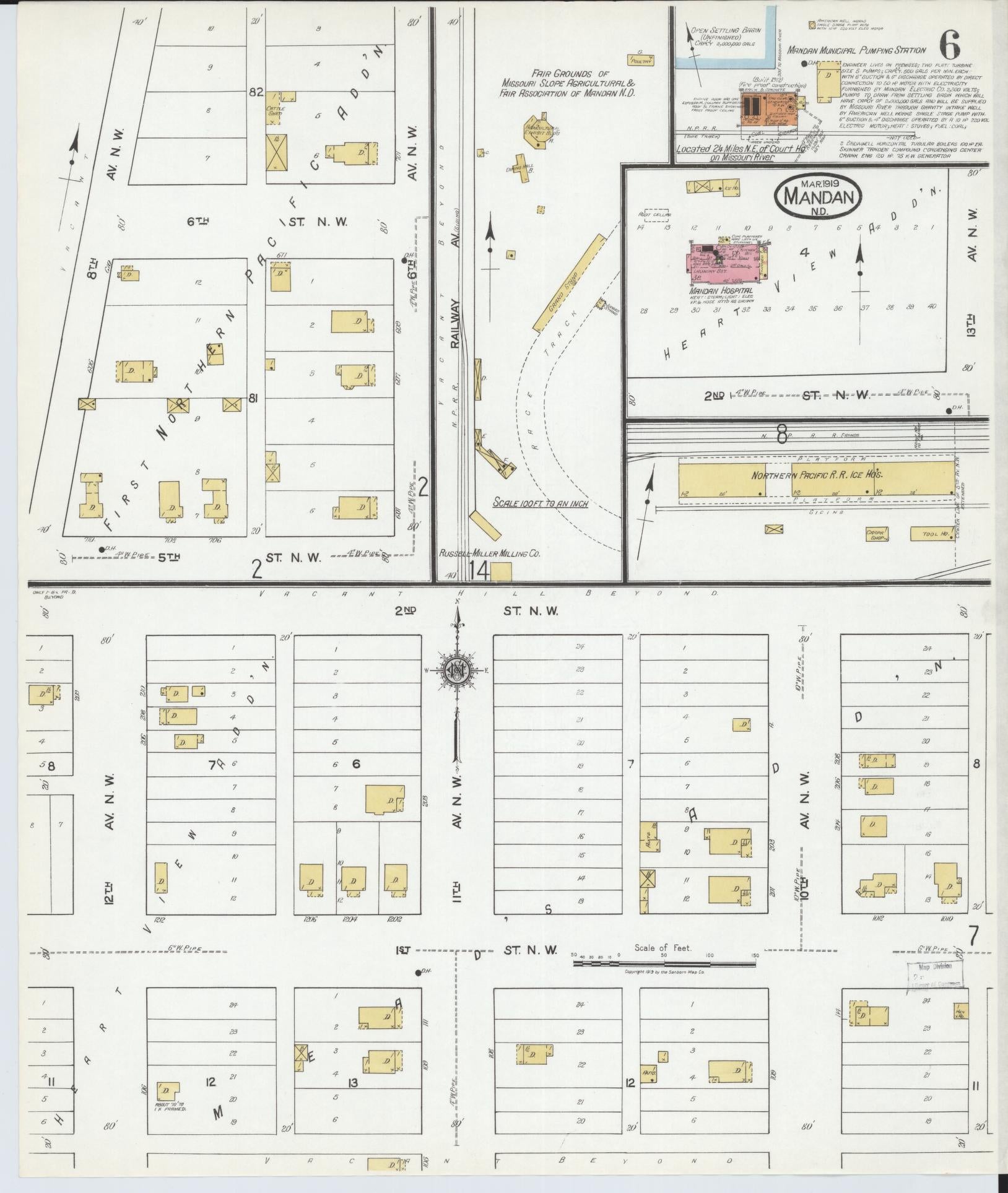 Sanborn Fire Insurance Map from Mandan, Morton County, North Dakota (1919), Sheet #0006 - Historic Sanborn Fire Insurance Map Print, vintage old map wall art, antique decor, genealogy gift, North Dakota North Dakota map