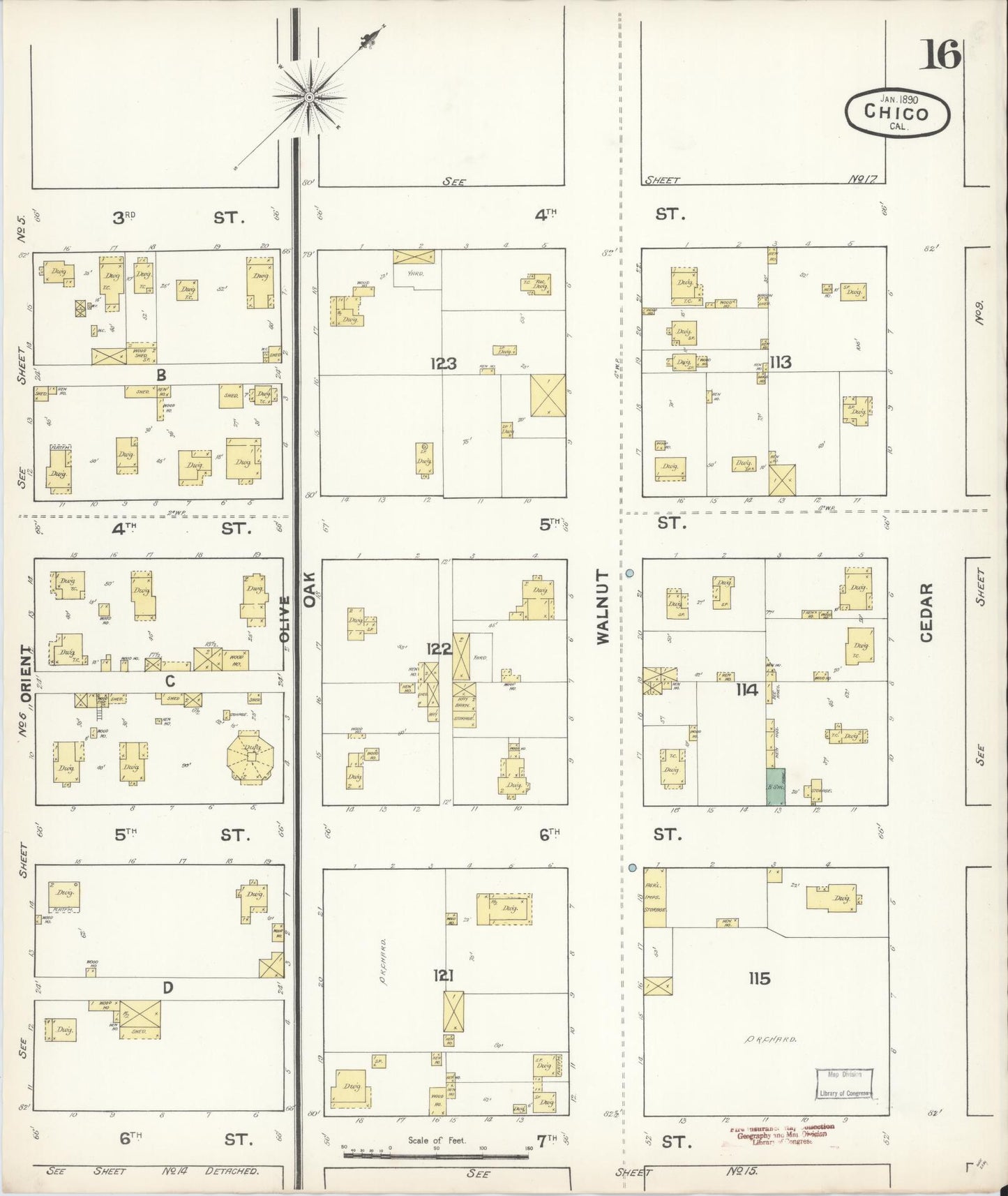 Sanborn Fire Insurance Map from Chico, Butte County, California (1890), Sheet #0016 - Historic Sanborn Fire Insurance Map Print, vintage old map wall art, antique decor, genealogy gift, California California map