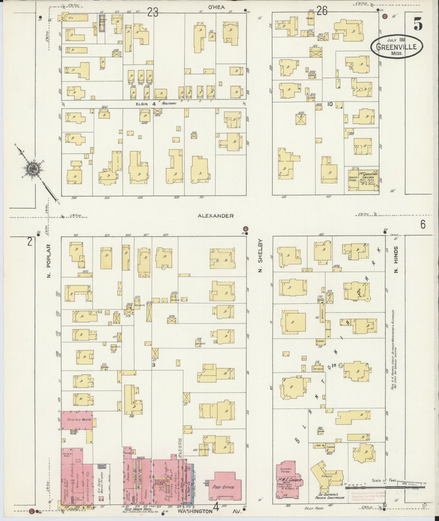 Sanborn Fire Insurance Map from Greenville, Washington County, Mississippi (1911), Sheet #0005 - Historic Sanborn Fire Insurance Map Print, vintage old map wall art, antique decor, genealogy gift, Mississippi Mississippi map