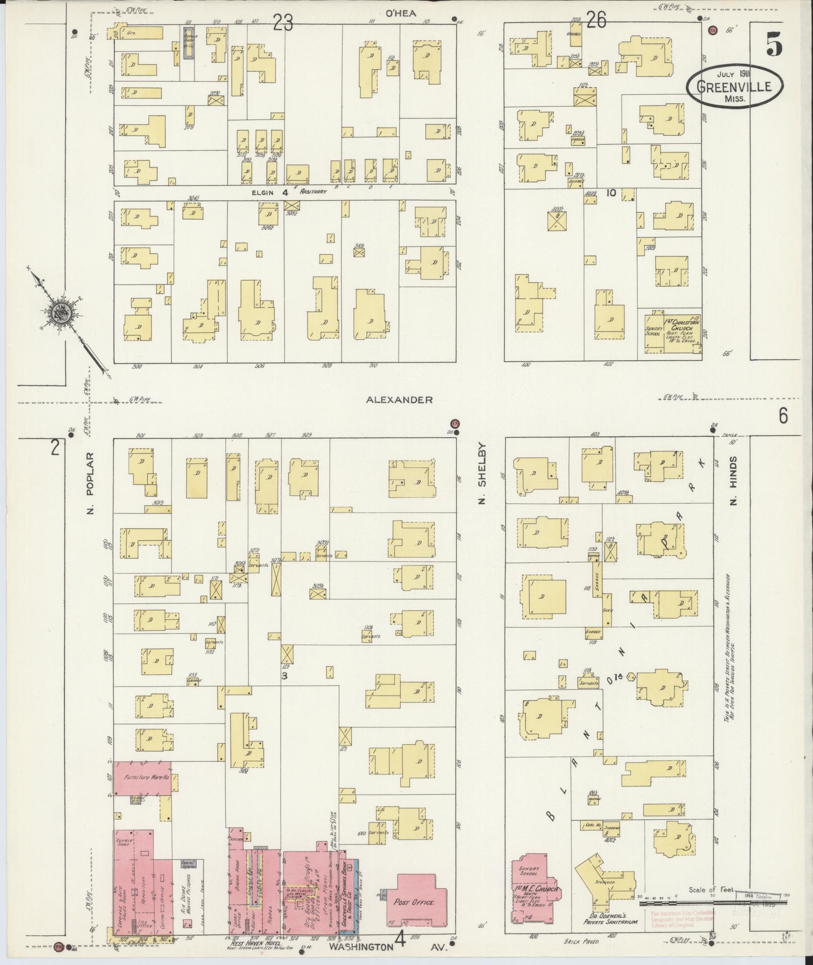 Sanborn Fire Insurance Map from Greenville, Washington County, Mississippi (1911), Sheet #0005 - Historic Sanborn Fire Insurance Map Print, vintage old map wall art, antique decor, genealogy gift, Mississippi Mississippi map