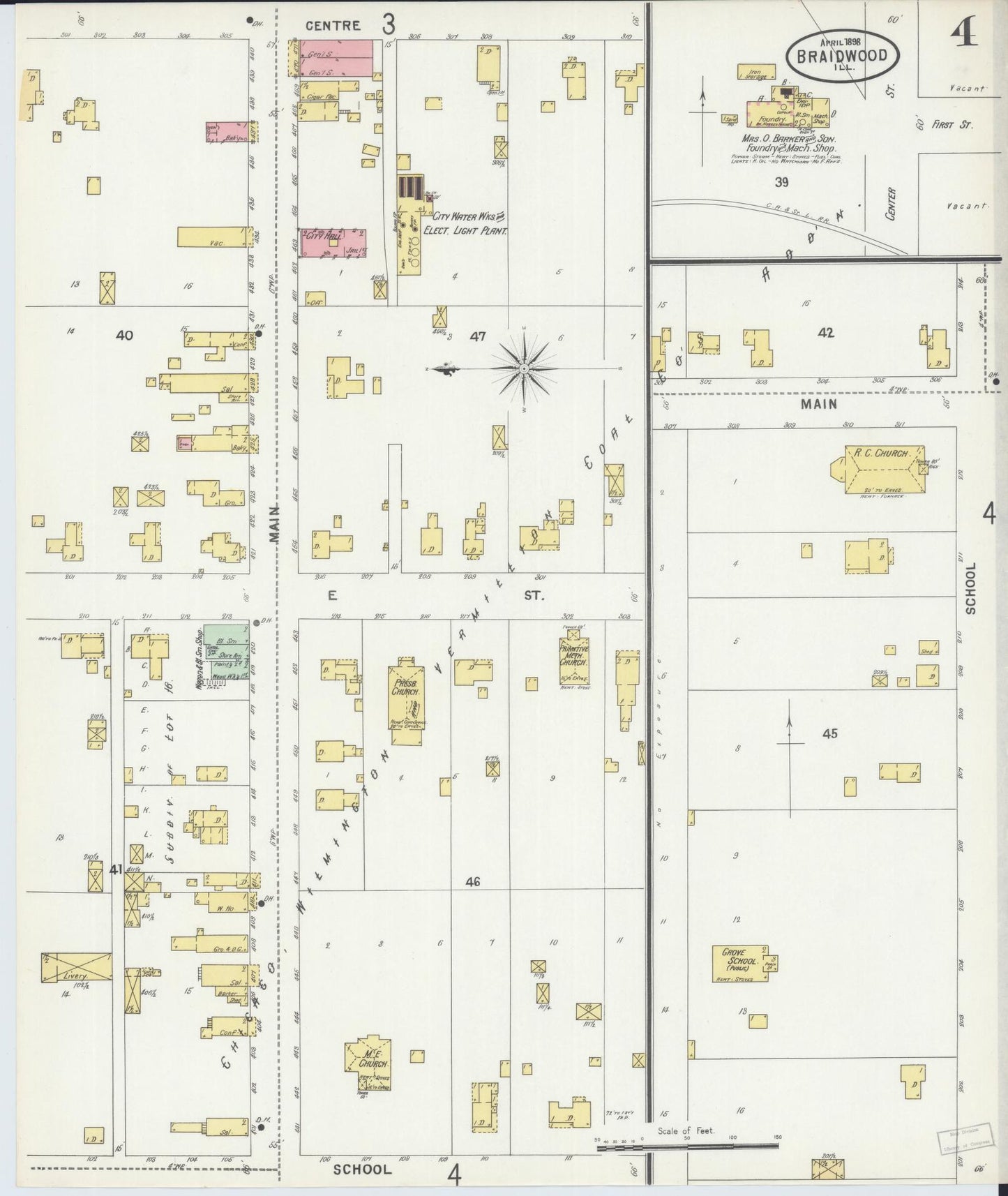 Sanborn Fire Insurance Map from Braidwood, Will County, Illinois (1898), Sheet #0004 - Historic Sanborn Fire Insurance Map Print, vintage old map wall art, antique decor, genealogy gift, Illinois Illinois map