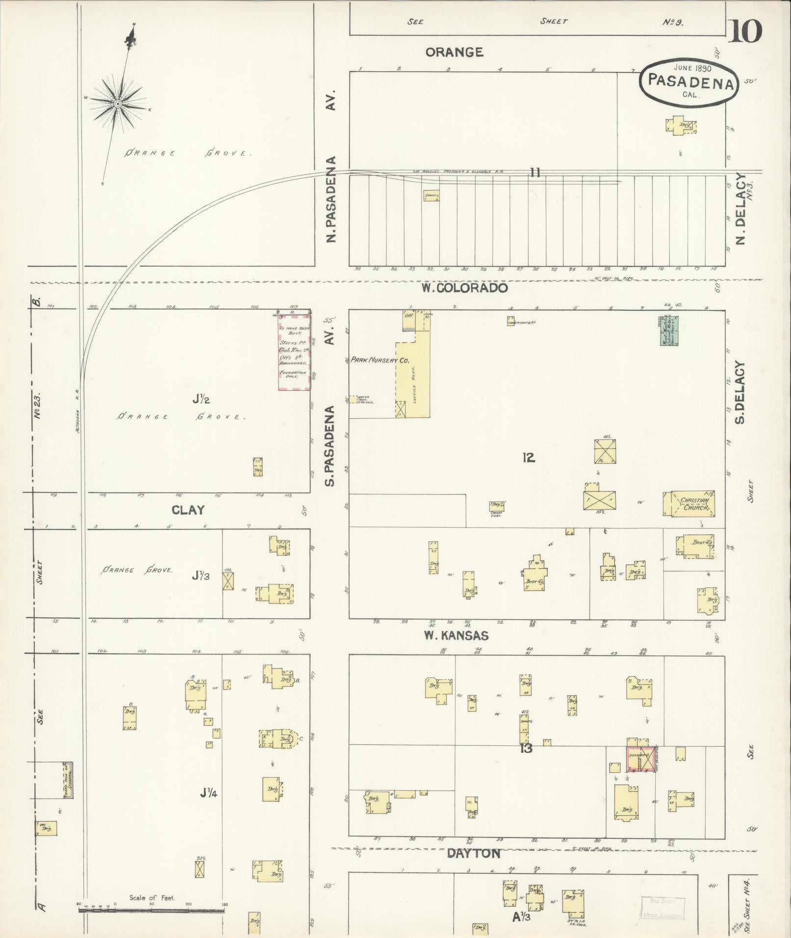 Sanborn Fire Insurance Map from Pasadena, Los Angeles County, California (1890), Sheet #0010 - Complete Map Set gallery image, historic Sanborn map, vintage wall art, California California