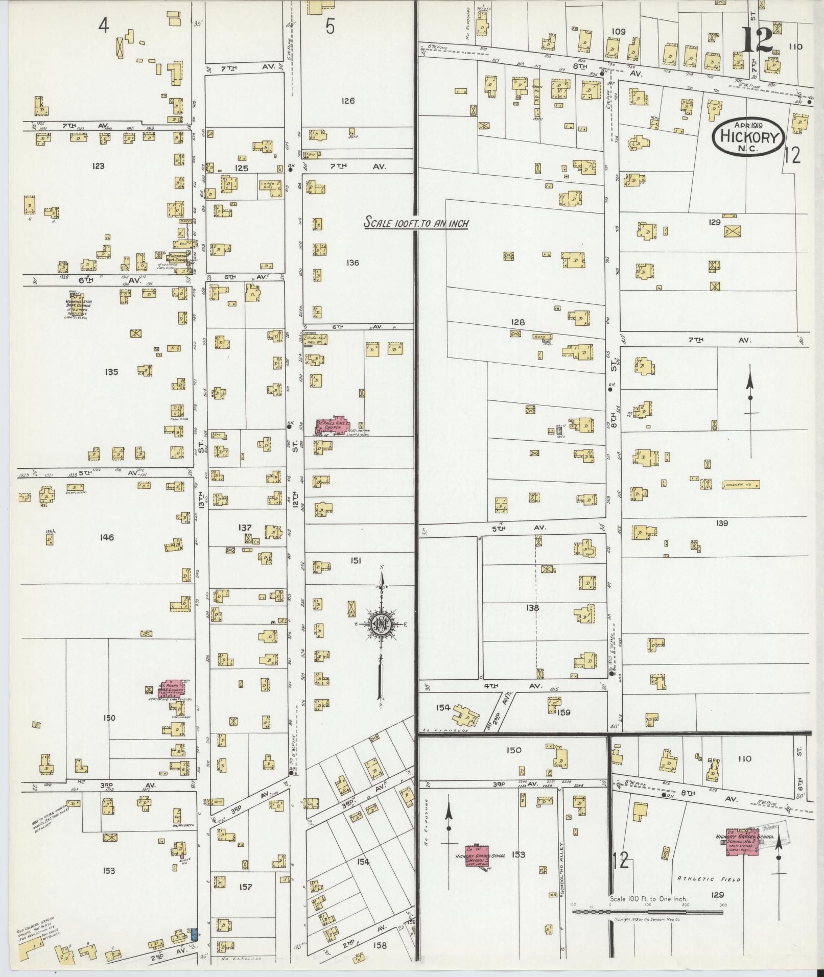 Sanborn Fire Insurance Map from Hickory, Catawba County, North Carolina (1919), Sheet #0012 - Complete Map Set gallery image, historic Sanborn map, vintage wall art, North Carolina North Carolina