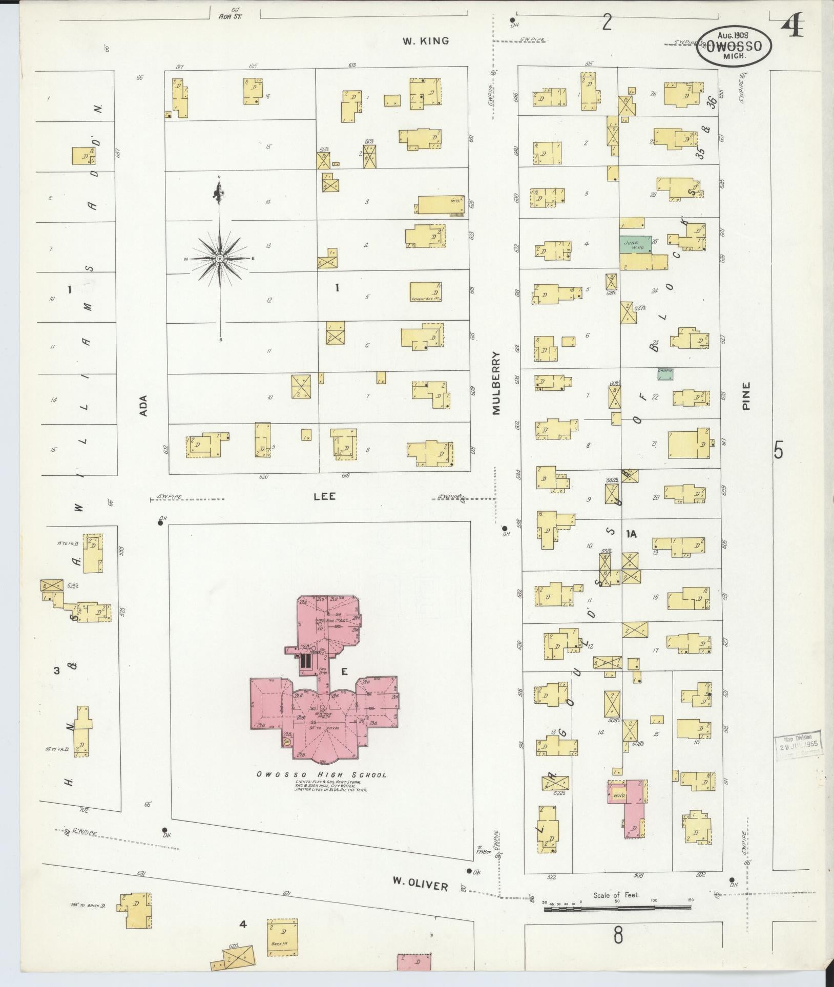 Sanborn Fire Insurance Map from Owosso, Shiawassee County, Michigan (1908), Sheet #0004 - Complete Map Set gallery image, historic Sanborn map, vintage wall art, Michigan Michigan