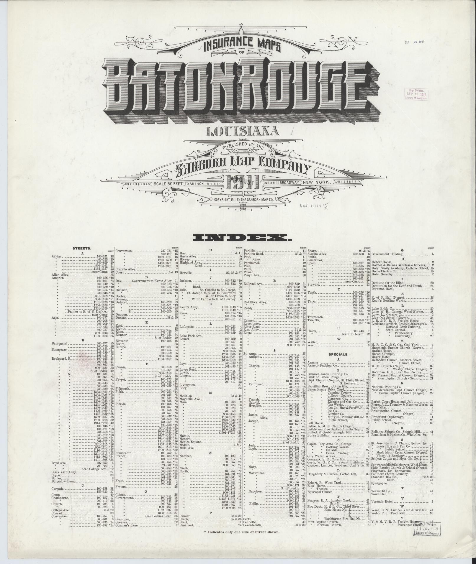 Sanborn Fire Insurance Map from Baton Rouge, East Baton Rouge Parish, Louisiana (1911), Sheet #0001 - Historic Sanborn Fire Insurance Map Print, vintage old map wall art, antique decor, genealogy gift, Louisiana Louisiana map