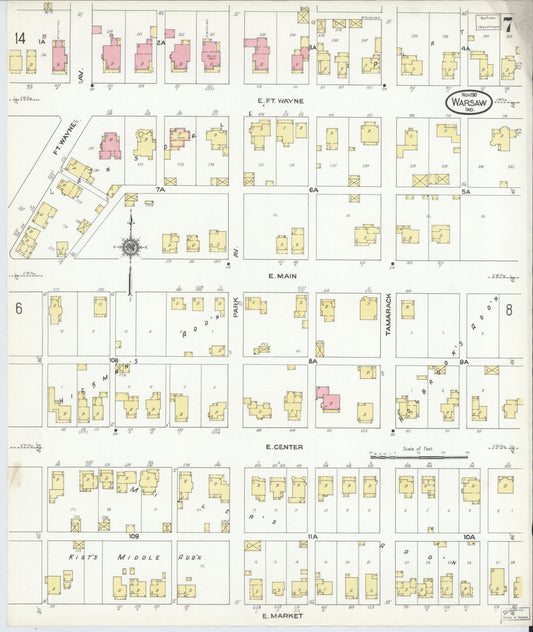 Sanborn Fire Insurance Map from Warsaw, Kosciusko County, Indiana (1910), Sheet #0007 - Historic Sanborn Fire Insurance Map Print, vintage old map wall art, antique decor, genealogy gift, Indiana Indiana map
