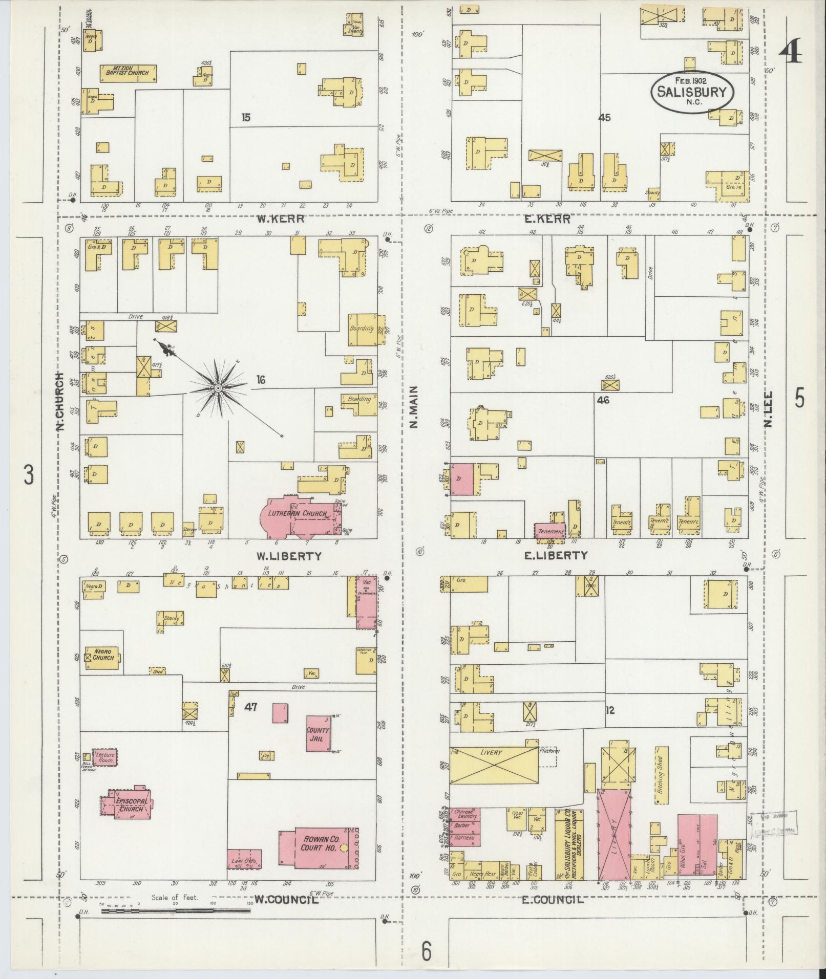 Sanborn Fire Insurance Map from Salisbury, Rowan County, North Carolina (1902), Sheet #0004 - Historic Sanborn Fire Insurance Map Print, vintage old map wall art, antique decor, genealogy gift, North Carolina North Carolina map
