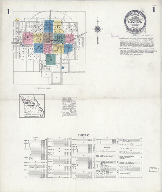 Sanborn Fire Insurance Map from Cameron, Clinton County, Missouri (1925), Sheet #0001 - Complete Map Set gallery image, historic Sanborn map, vintage wall art, Missouri Missouri