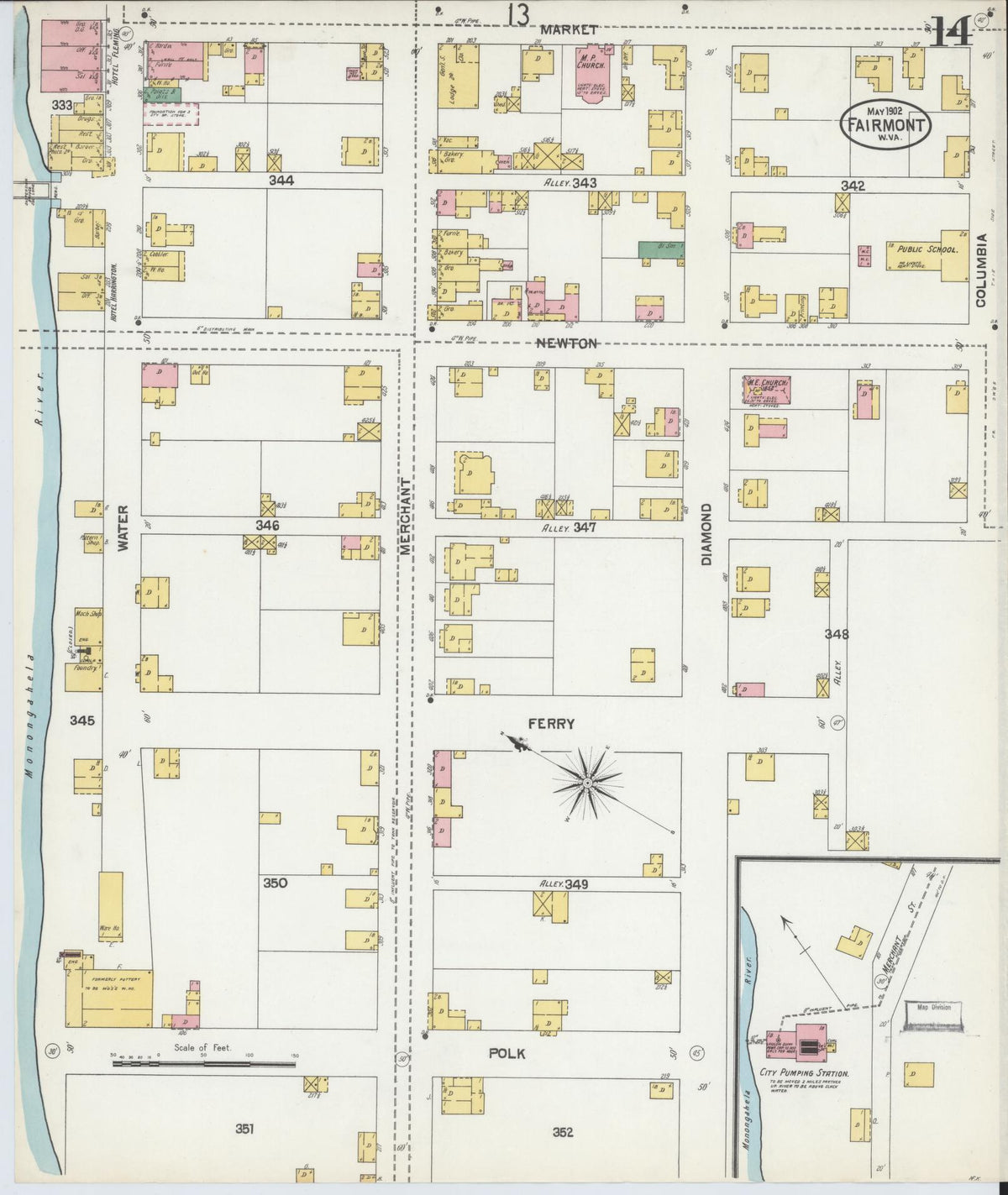 Sanborn Fire Insurance Map from Fairmont, Marion County, West Virginia (1902), Sheet #0014 - Historic Sanborn Fire Insurance Map Print, vintage old map wall art, antique decor, genealogy gift, West Virginia West Virginia map