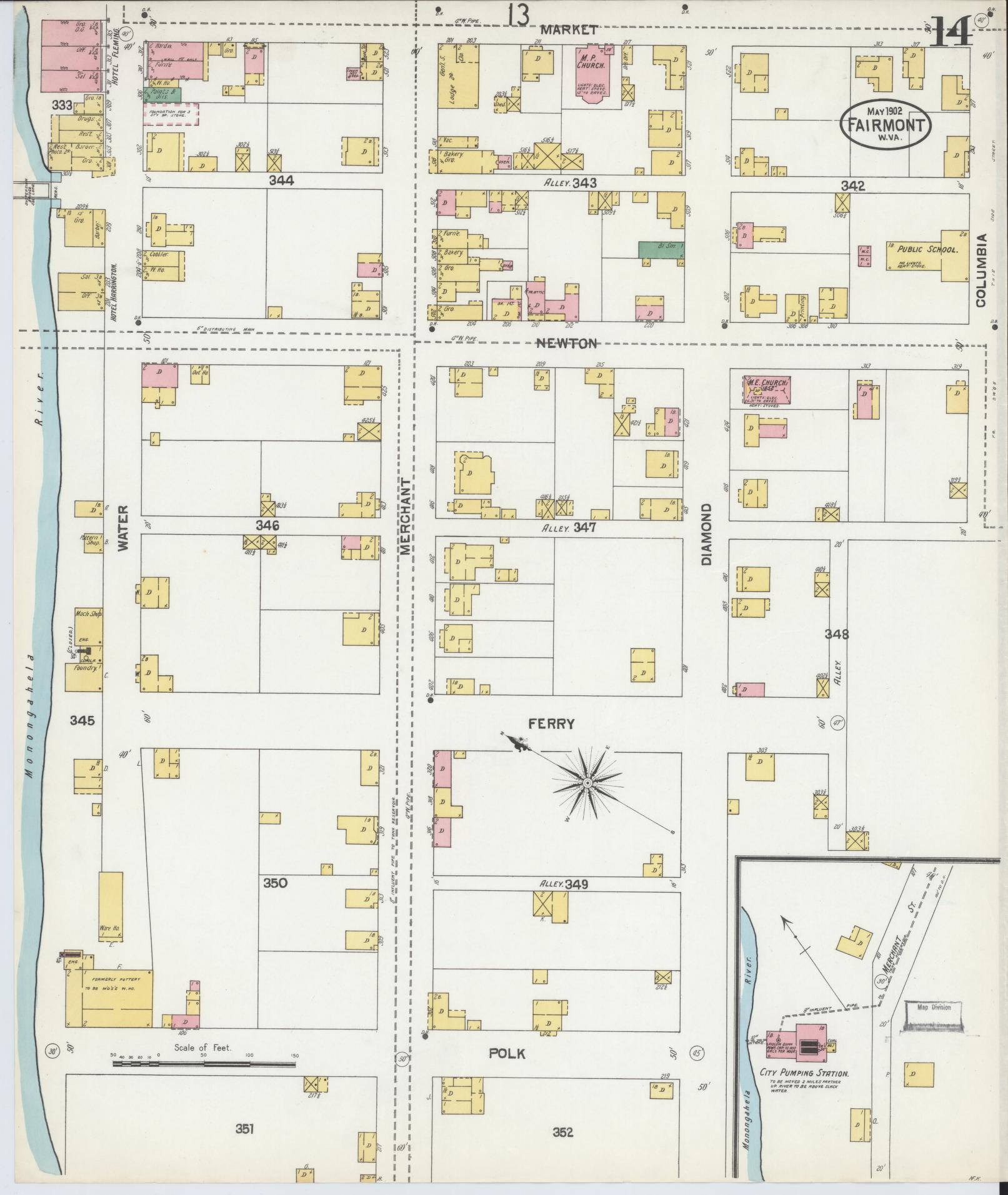 Sanborn Fire Insurance Map from Fairmont, Marion County, West Virginia (1902), Sheet #0014 - Historic Sanborn Fire Insurance Map Print, vintage old map wall art, antique decor, genealogy gift, West Virginia West Virginia map
