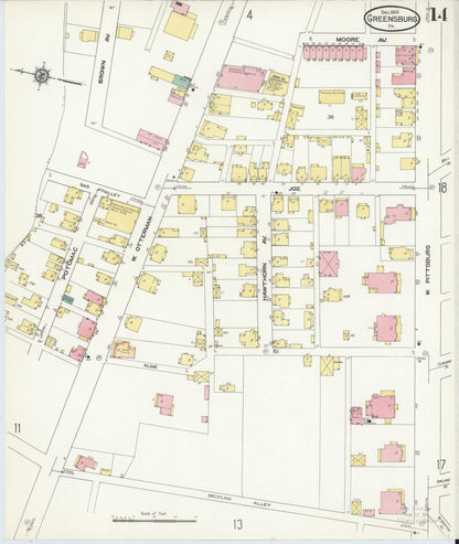 Sanborn Fire Insurance Map from Greensburg, Westmoreland County, Pennsylvania (1909), Sheet #0014 - Historic Sanborn Fire Insurance Map Print, vintage old map wall art, antique decor, genealogy gift, Pennsylvania Pennsylvania map