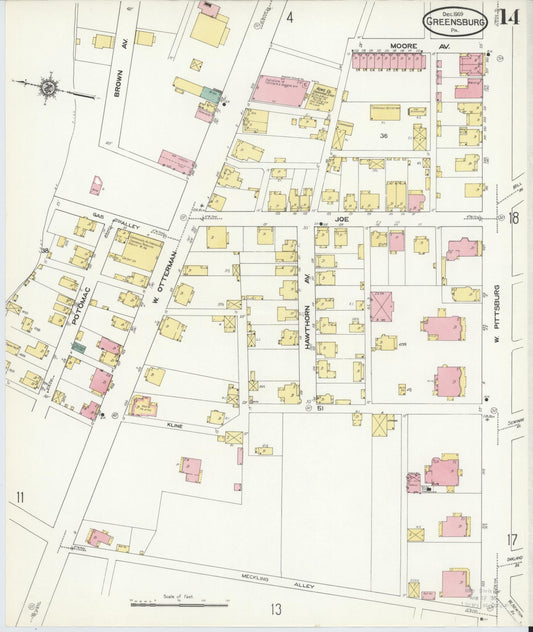 Sanborn Fire Insurance Map from Greensburg, Westmoreland County, Pennsylvania (1909), Sheet #0014 - Historic Sanborn Fire Insurance Map Print, vintage old map wall art, antique decor, genealogy gift, Pennsylvania Pennsylvania map