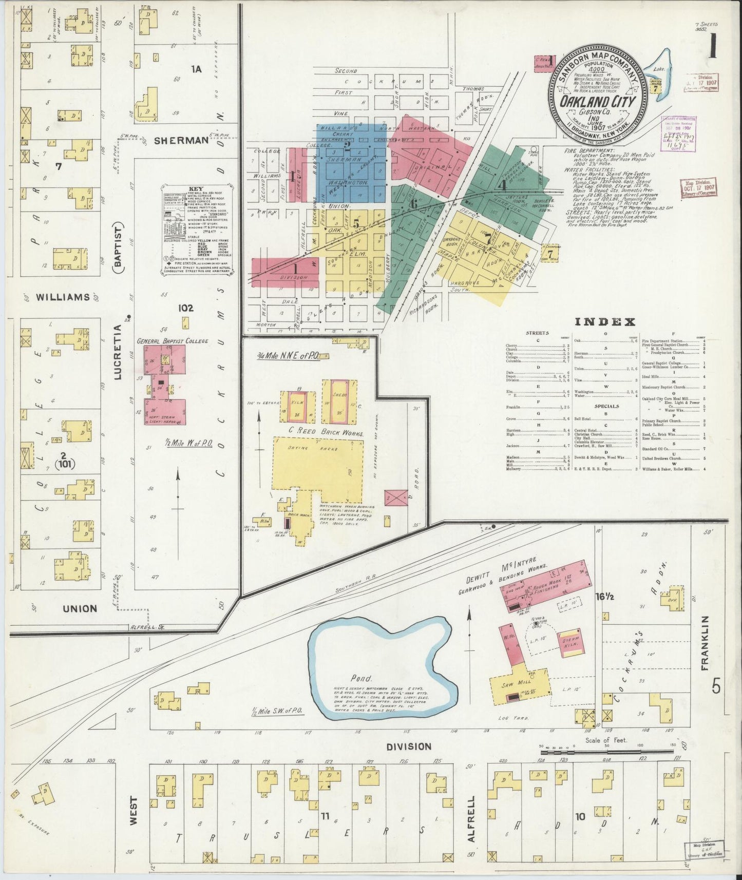 Sanborn Fire Insurance Map from Oakland City, Gibson County, Indiana. (1907) – Historic Sanborn Fire Insurance Map Print