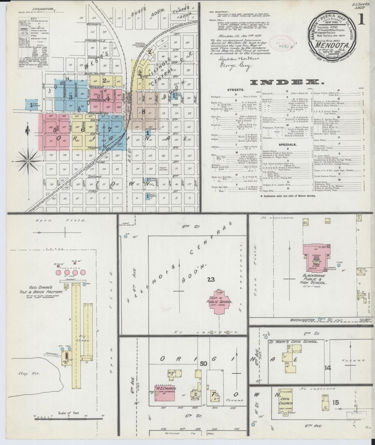 Sanborn Fire Insurance Map from Mendota, La Salle County, Illinois (1891), Sheet #0001 - Complete Map Set gallery image, historic Sanborn map, vintage wall art, Illinois Illinois