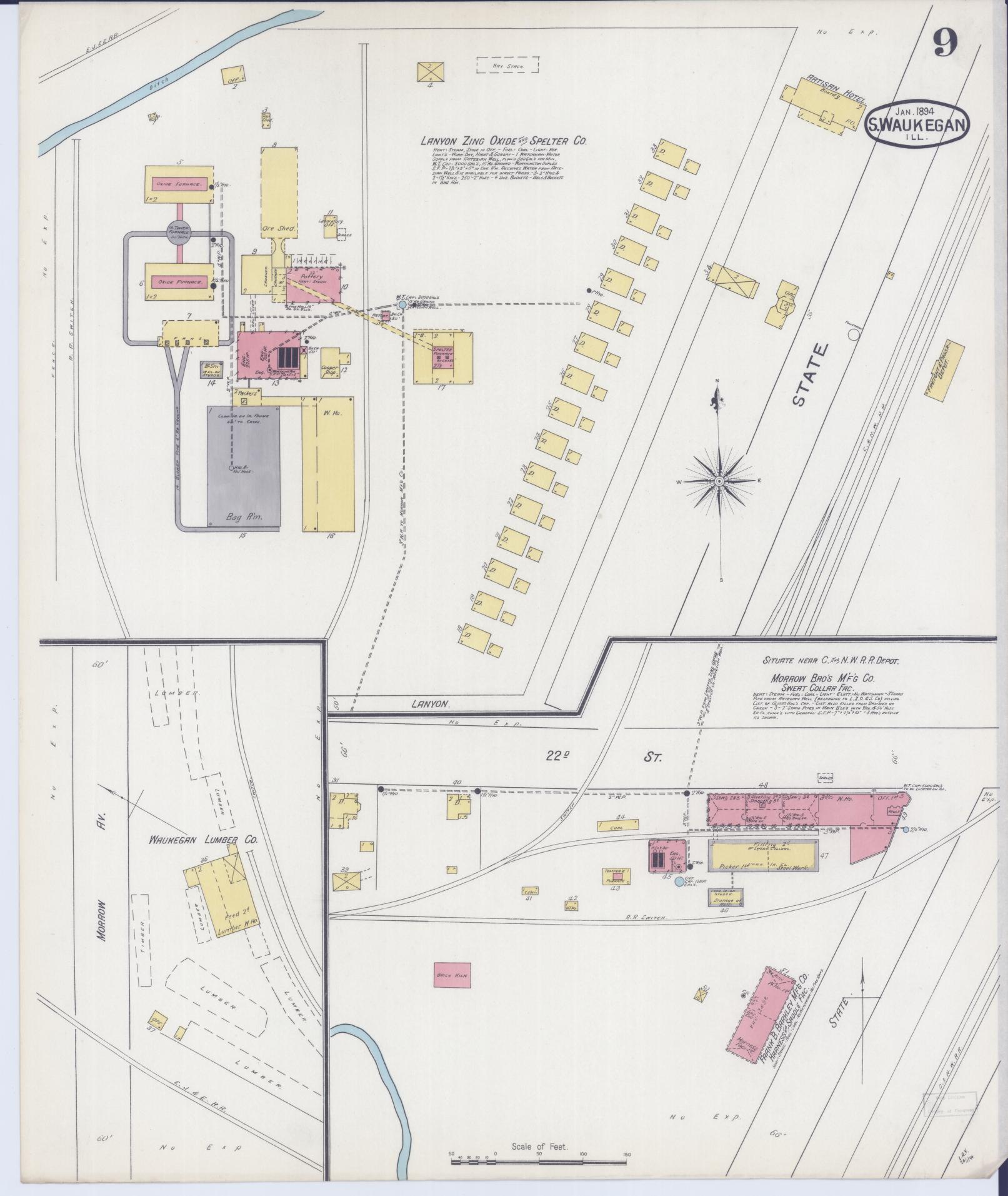 Sanborn Fire Insurance Map from Waukegan, Lake County, Illinois (1894), Sheet #0009 - Complete Map Set gallery image, historic Sanborn map, vintage wall art, Illinois Illinois