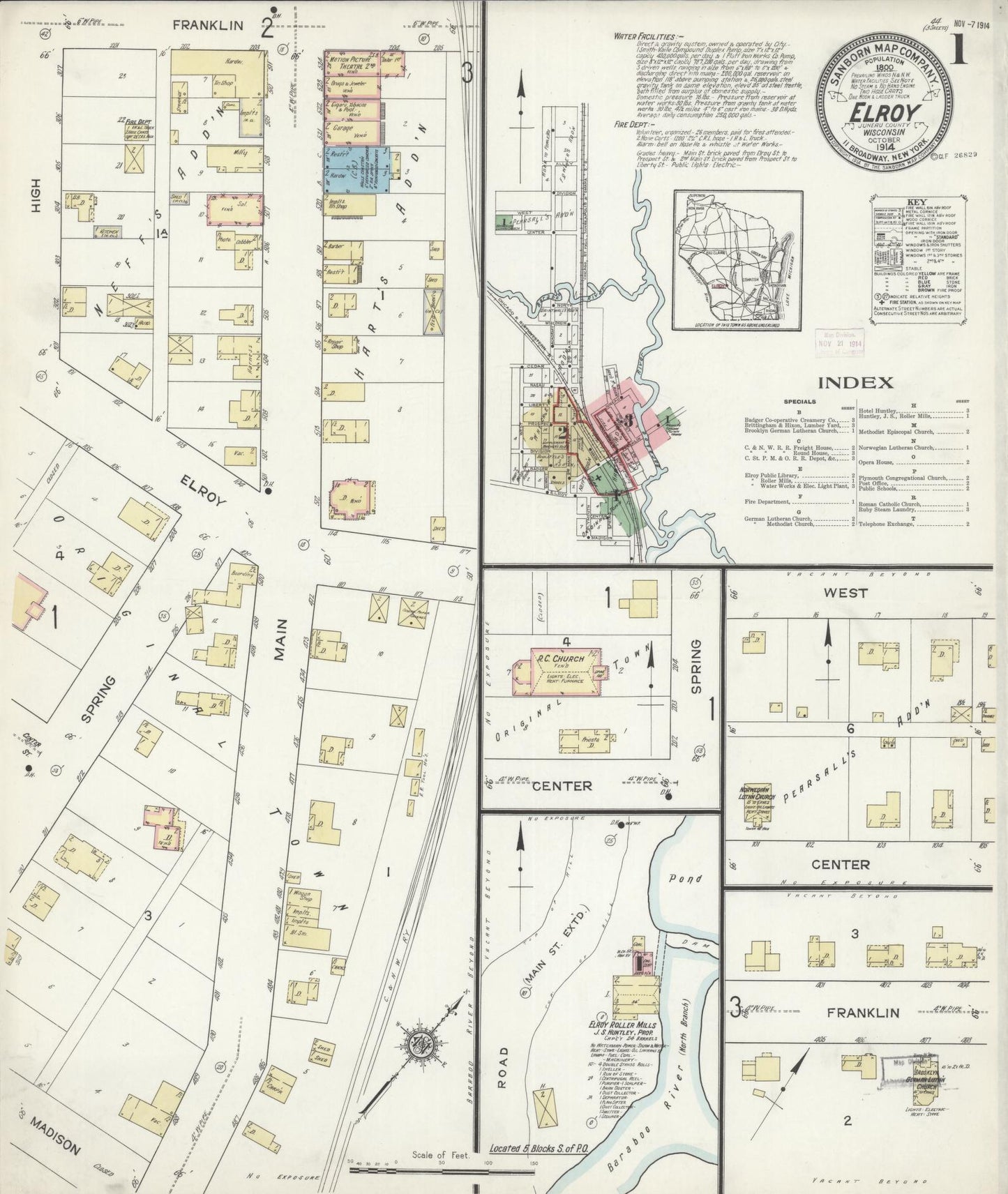 Sanborn Fire Insurance Map from Elroy, Juneau County, Wisconsin (1914), Sheet #0001 - Historic Sanborn Fire Insurance Map Print, vintage old map wall art, antique decor, genealogy gift, Wisconsin Wisconsin map