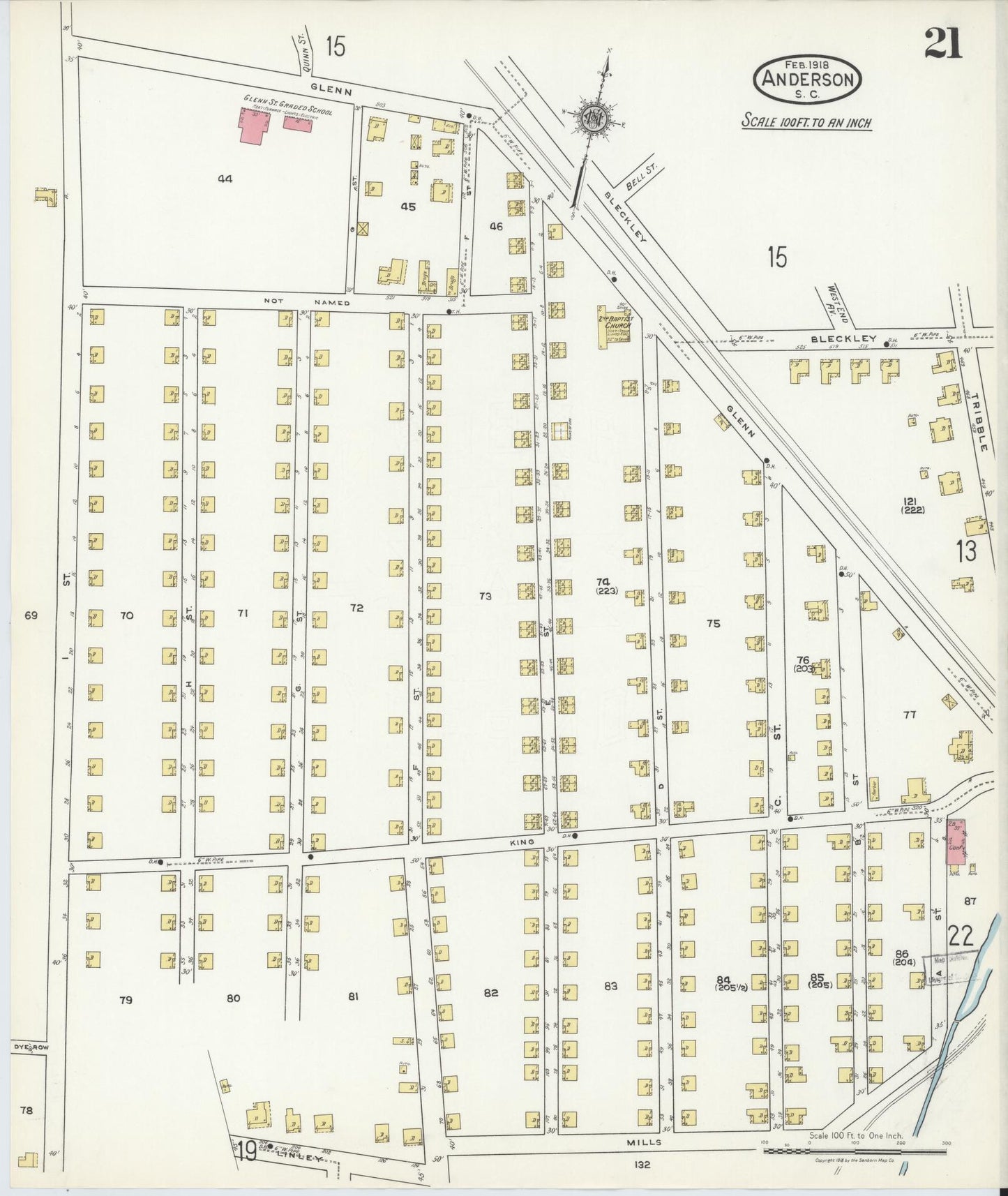 Sanborn Fire Insurance Map from Anderson, Anderson County, South Carolina (1918), Sheet #0021 - Complete Map Set gallery image, historic Sanborn map, vintage wall art, South Carolina South Carolina