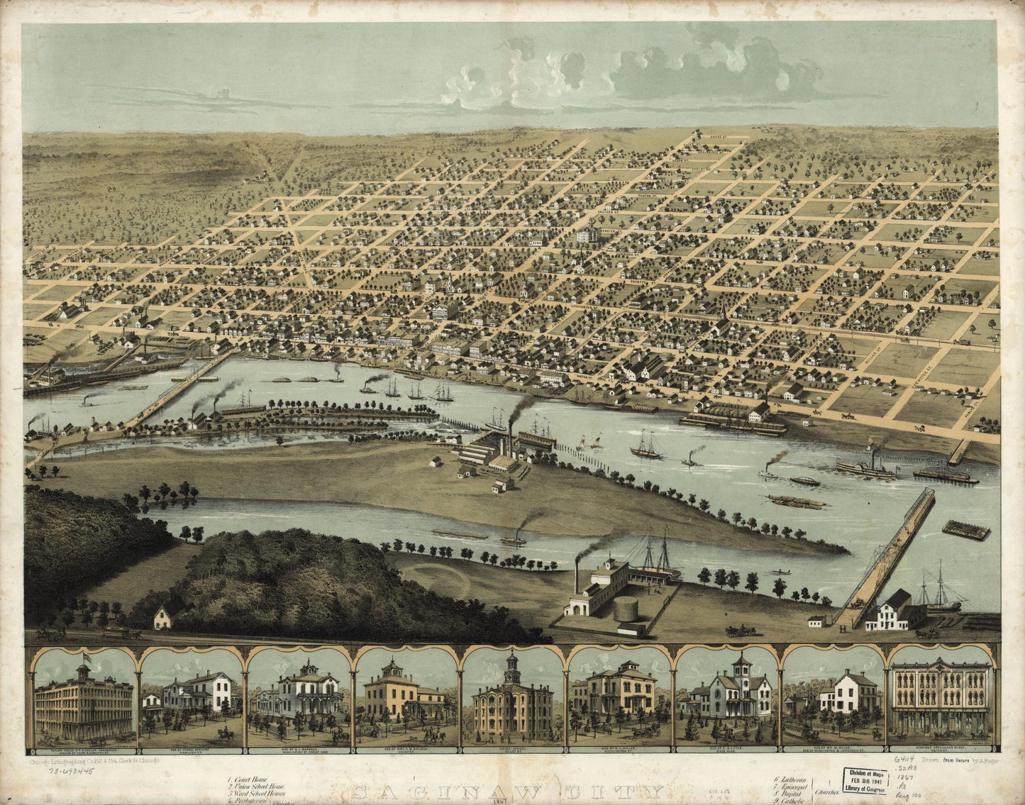 Saginaw City [Michigan 1867] (1867) – Historic Bird’s-Eye View Panorama Print