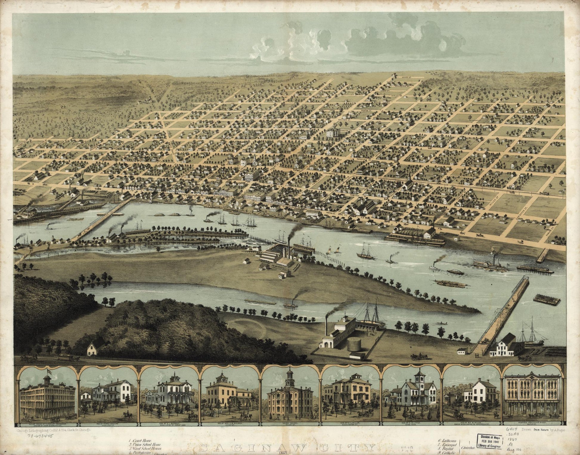 Saginaw City [Michigan 1867] (1867) – Historic Bird’s-Eye View Panorama Print