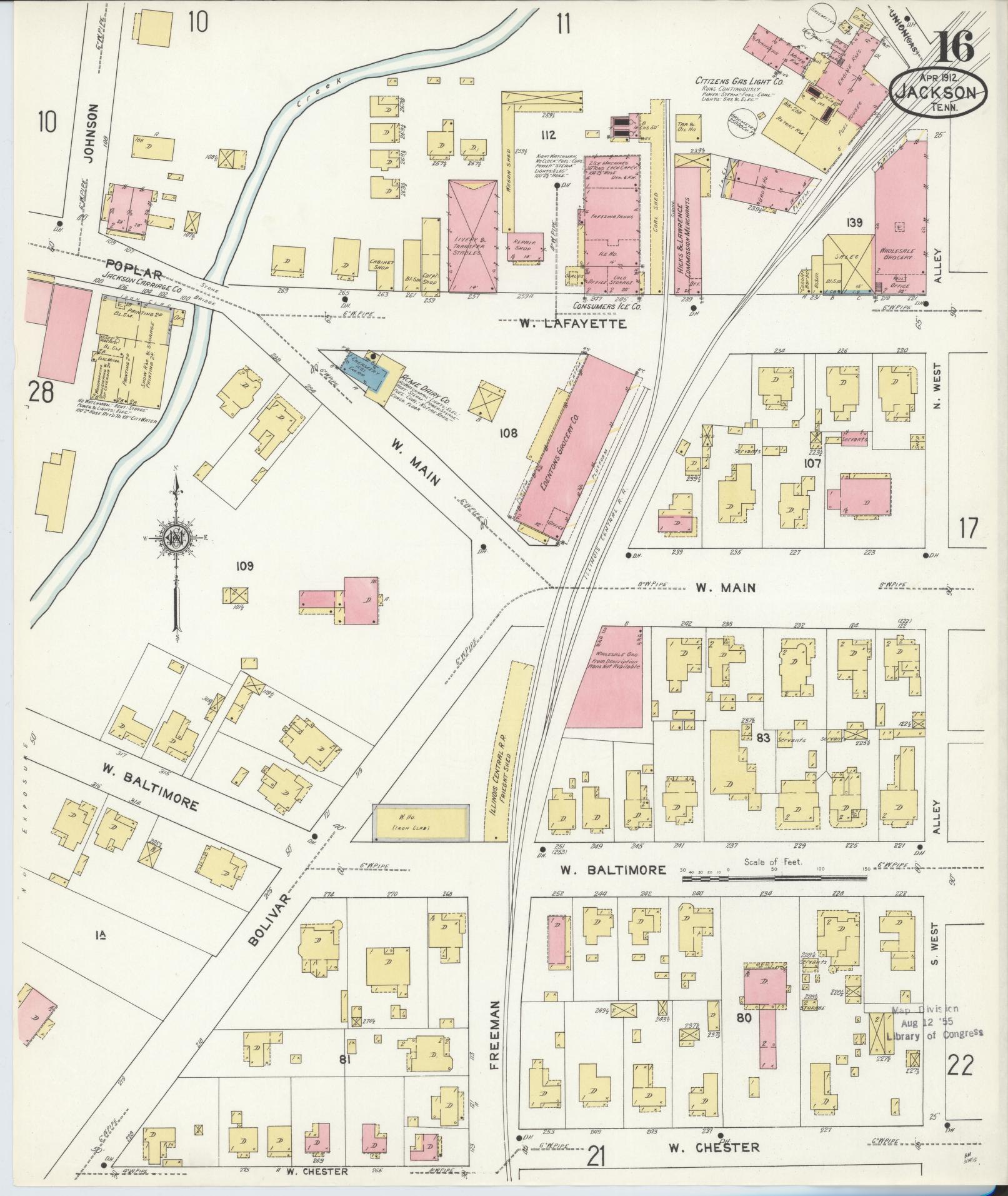 Sanborn Fire Insurance Map from Jackson, Madison County, Tennessee (1912), Sheet #0016 - Complete Map Set gallery image, historic Sanborn map, vintage wall art, Tennessee Tennessee