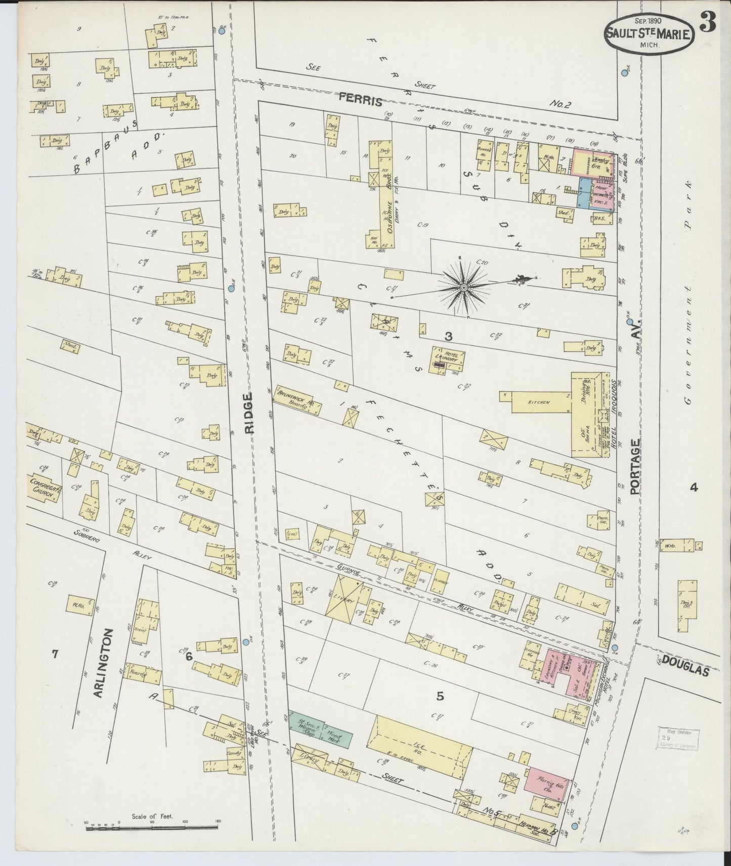 Sanborn Fire Insurance Map from Sault Sainte Marie, Chippewa County, Michigan (1890), Sheet #0003 - Complete Map Set gallery image, historic Sanborn map, vintage wall art, Michigan Michigan
