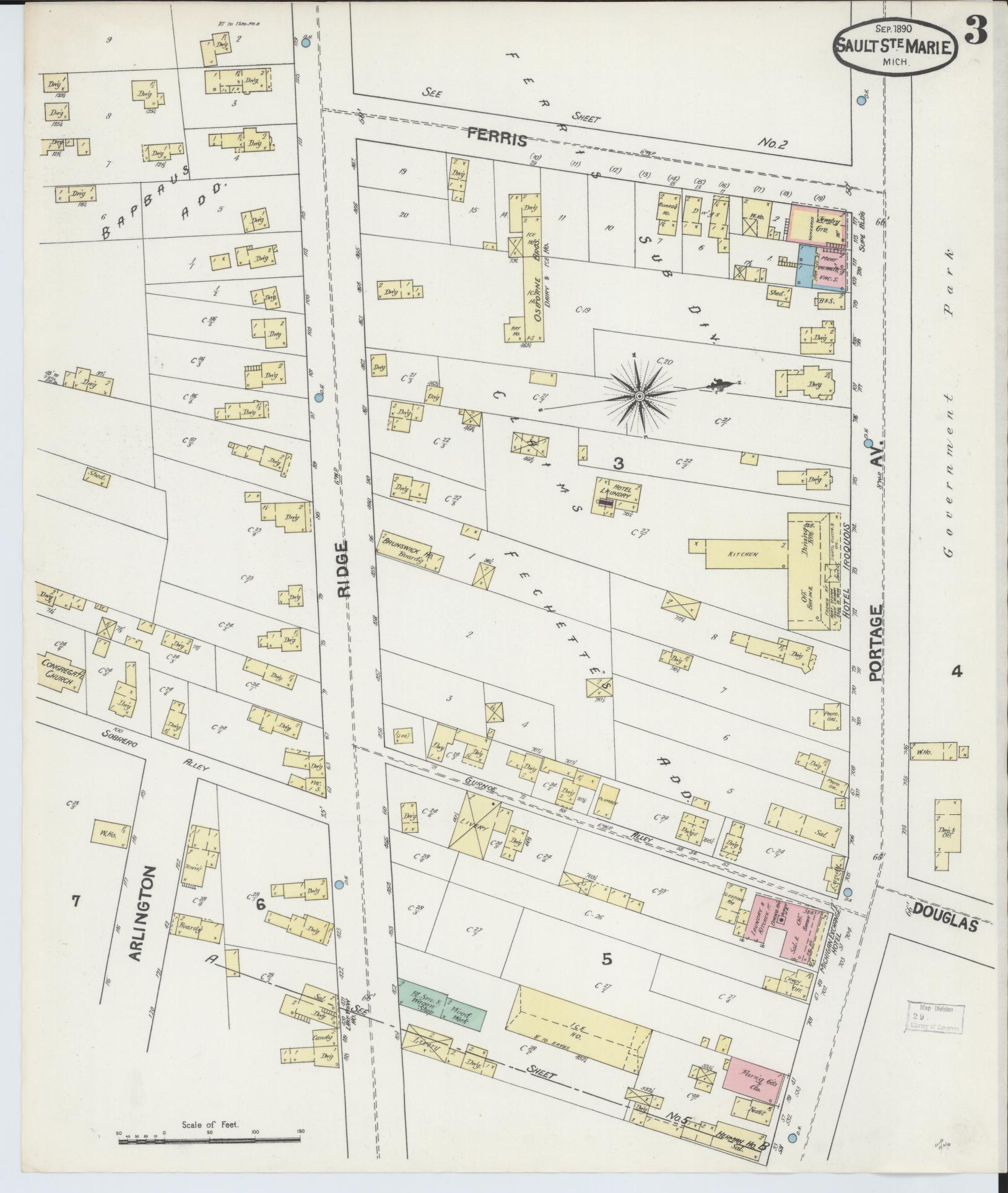 Sanborn Fire Insurance Map from Sault Sainte Marie, Chippewa County, Michigan (1890), Sheet #0003 - Complete Map Set gallery image, historic Sanborn map, vintage wall art, Michigan Michigan