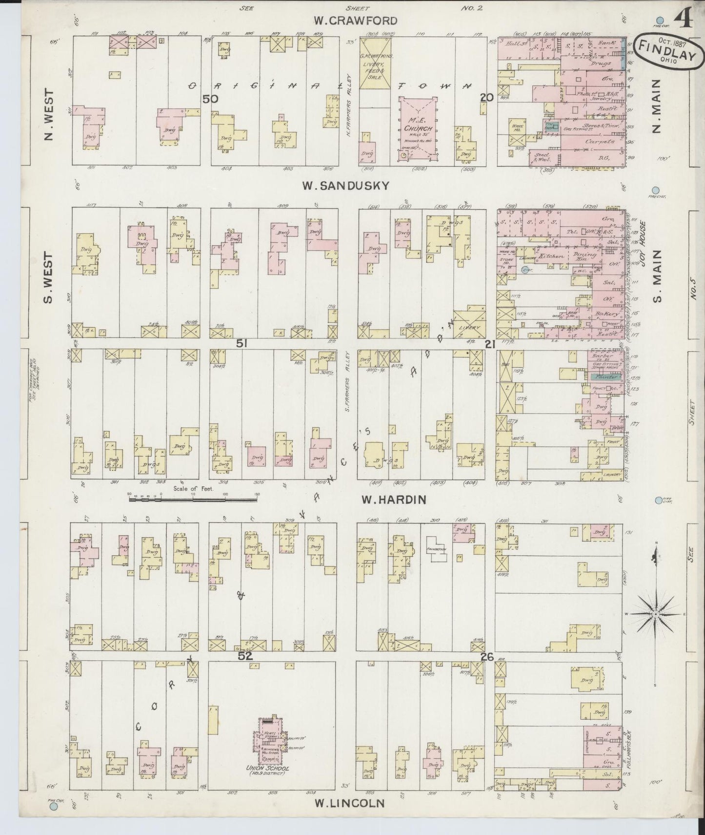 Sanborn Fire Insurance Map from Findlay, Hancock County, Ohio (1887), Sheet #0004 - Historic Sanborn Fire Insurance Map Print, vintage old map wall art, antique decor, genealogy gift, Ohio Ohio map
