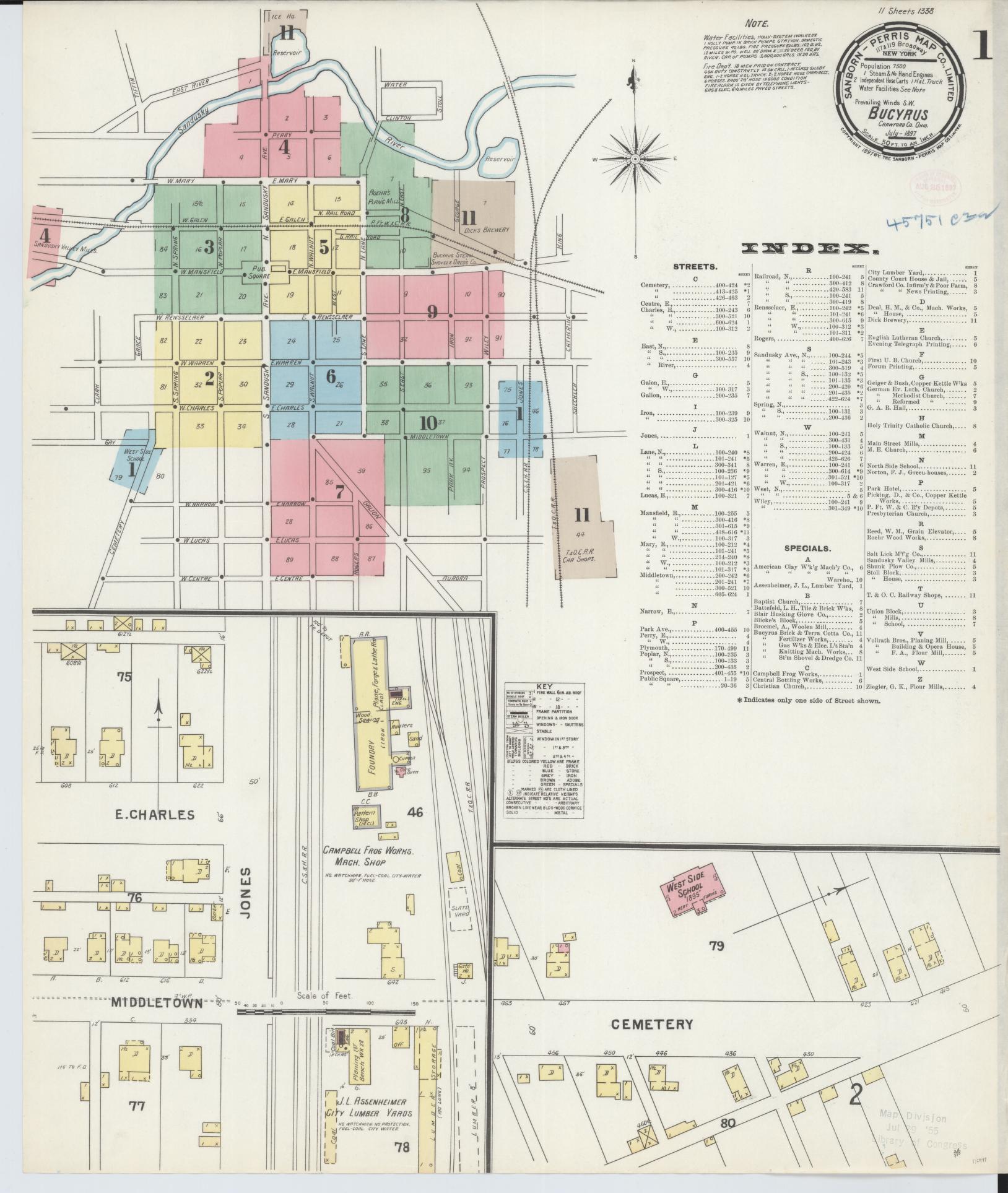 Sanborn Fire Insurance Map from Bucyrus, Crawford County, Ohio (1897), Sheet #0001 - Historic Sanborn Fire Insurance Map Print, vintage old map wall art, antique decor, genealogy gift, Ohio Ohio map