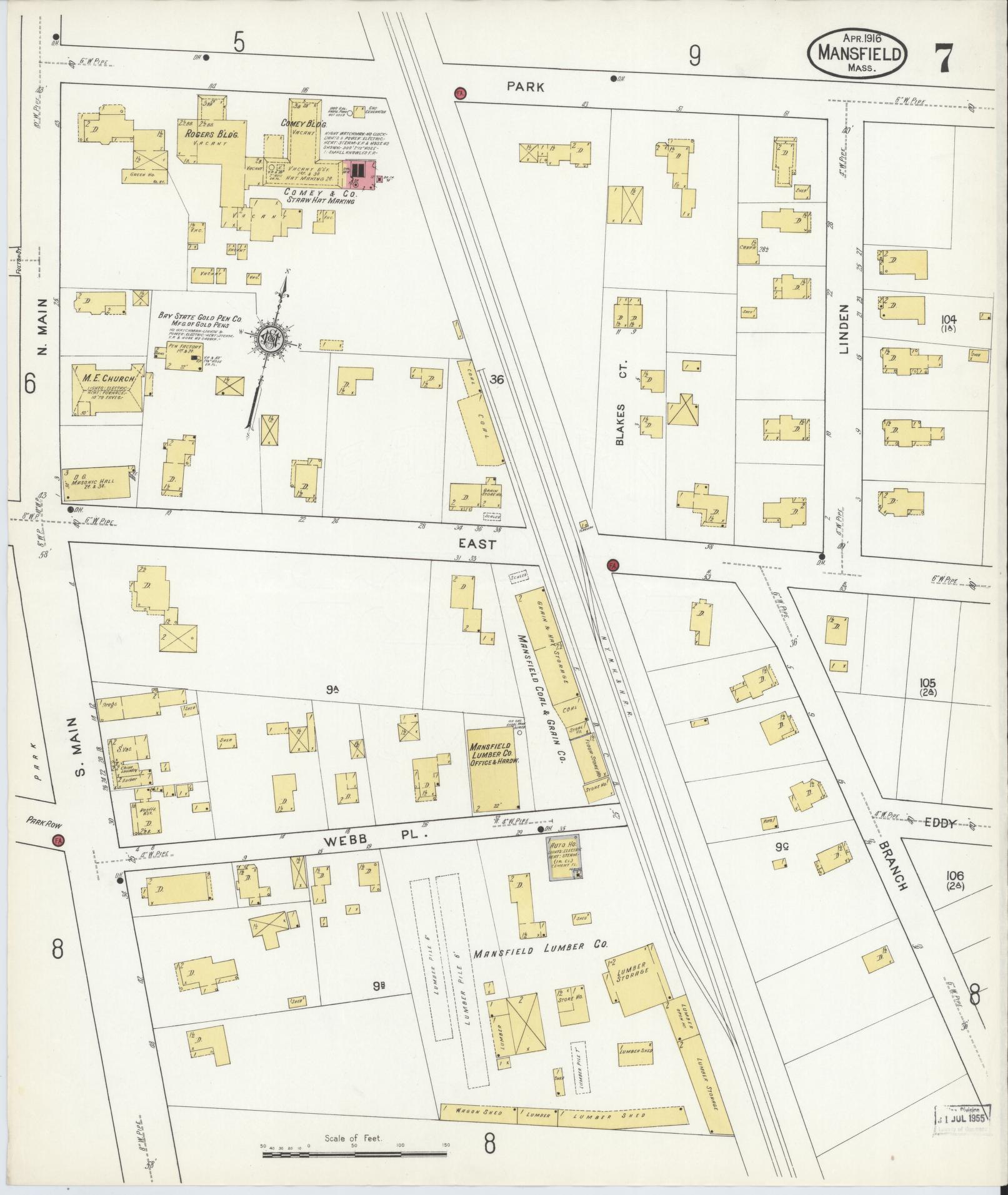 Sanborn Fire Insurance Map from Mansfield, Bristol County, Massachusetts (1916), Sheet #0007 - Historic Sanborn Fire Insurance Map Print, vintage old map wall art, antique decor, genealogy gift, Massachusetts Massachusetts map
