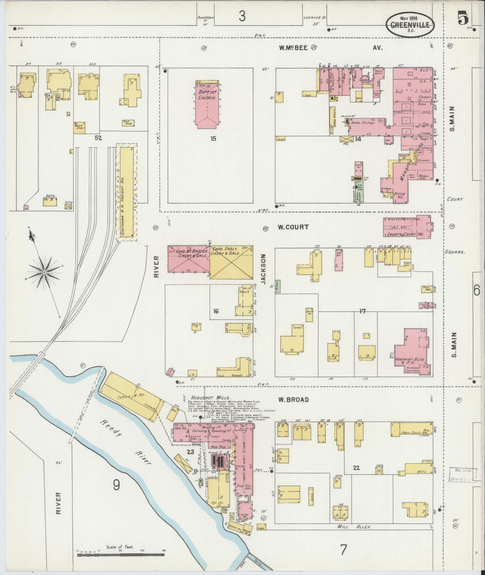 Sanborn Fire Insurance Map from Greenville, Greenville County, South Carolina (1898), Sheet #0005 - Complete Map Set gallery image, historic Sanborn map, vintage wall art, South Carolina South Carolina