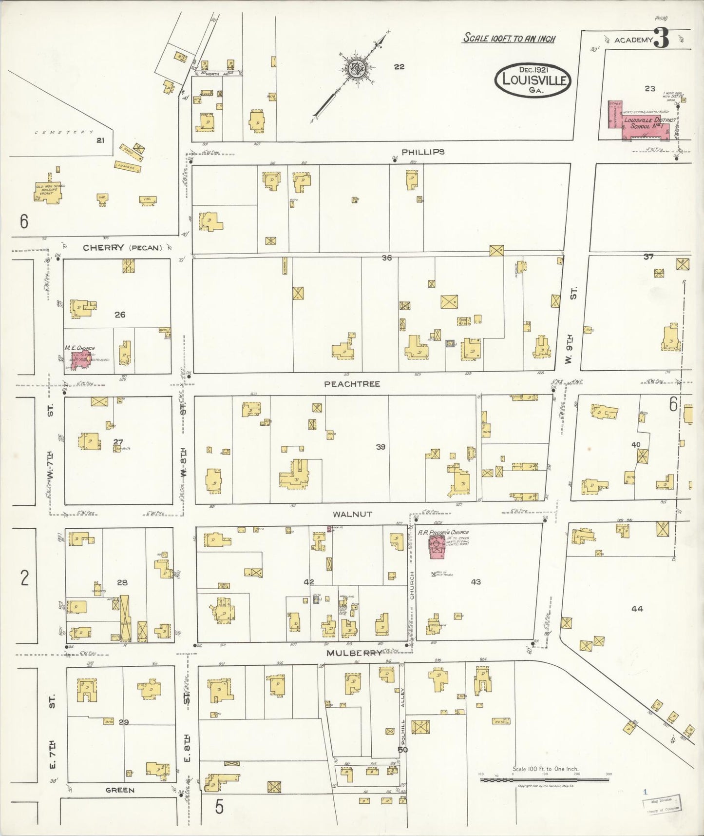 Sanborn Fire Insurance Map from Louisville, Jefferson County, Georgia (1921), Sheet #0003 - Complete Map Set gallery image, historic Sanborn map, vintage wall art, Georgia Georgia