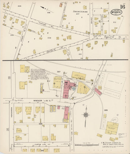 Sanborn Fire Insurance Map from Monroe, Union County, North Carolina (1922), Sheet #0016 - Historic Sanborn Fire Insurance Map Print, vintage old map wall art, antique decor, genealogy gift, North Carolina North Carolina map