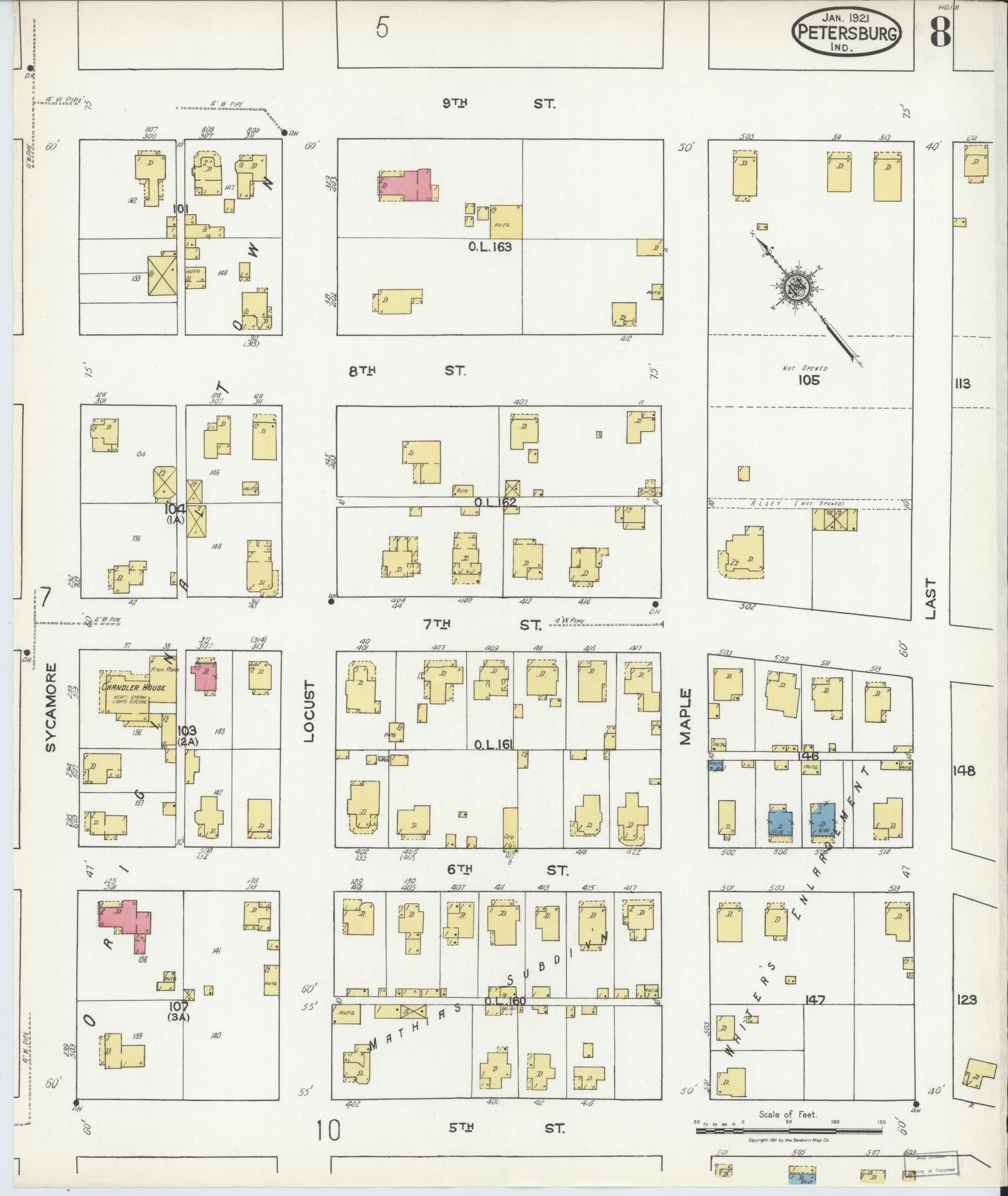 Sanborn Fire Insurance Map from Petersburg, Pike County, Indiana (1921), Sheet #0008 - Complete Map Set gallery image, historic Sanborn map, vintage wall art, Indiana Indiana