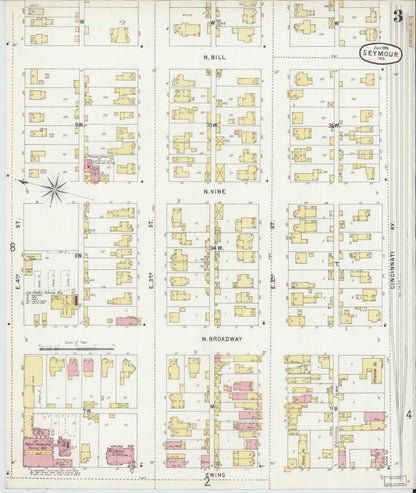 Sanborn Fire Insurance Map from Seymour, Jackson County, Indiana (1896), Sheet #0003 - Historic Sanborn Fire Insurance Map Print, vintage old map wall art, antique decor, genealogy gift, Indiana Indiana map