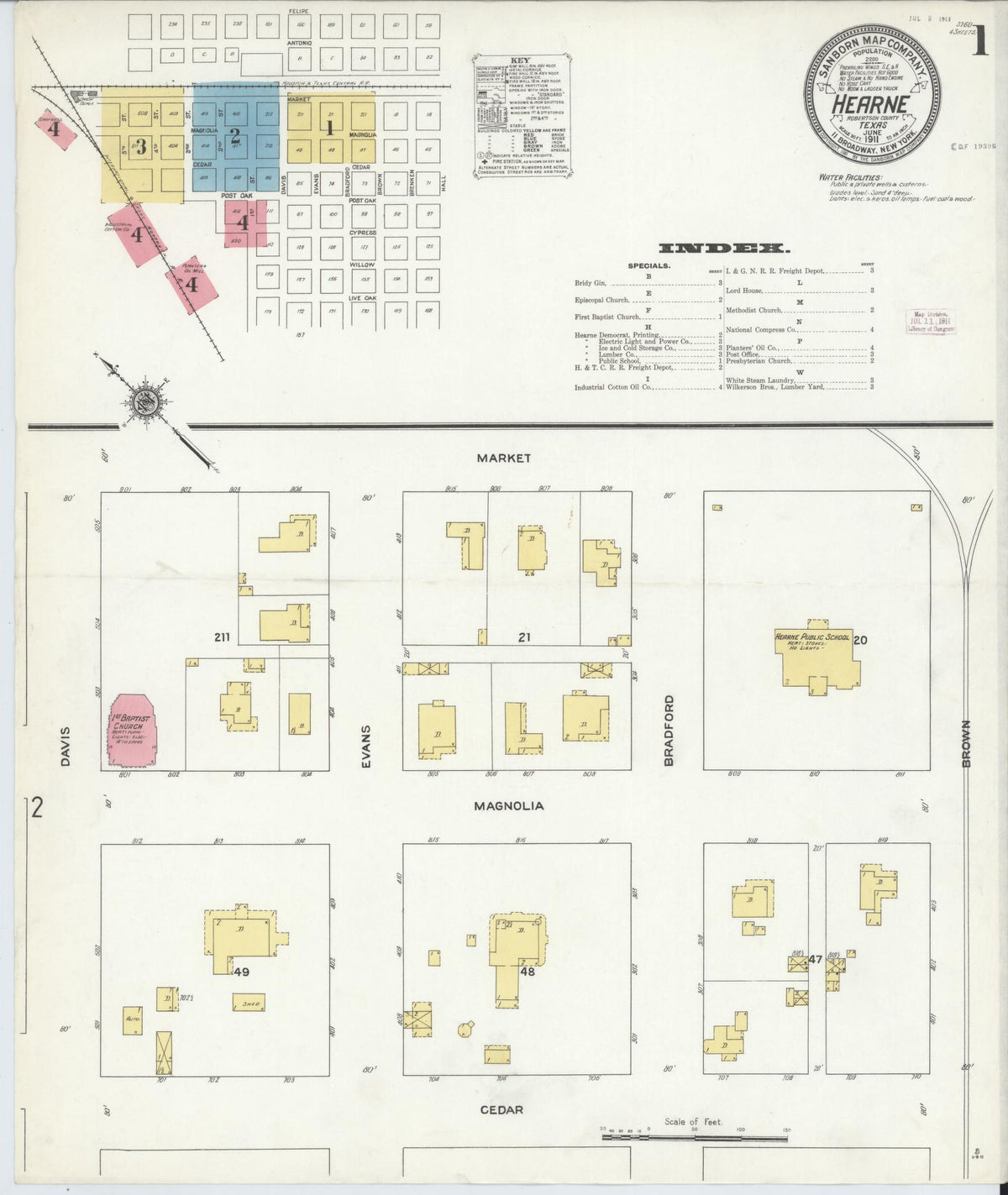 Sanborn Fire Insurance Map from Hearne, Robertson County, Texas (1911), Sheet #0001 - Historic Sanborn Fire Insurance Map Print, vintage old map wall art, antique decor, genealogy gift, Texas Texas map