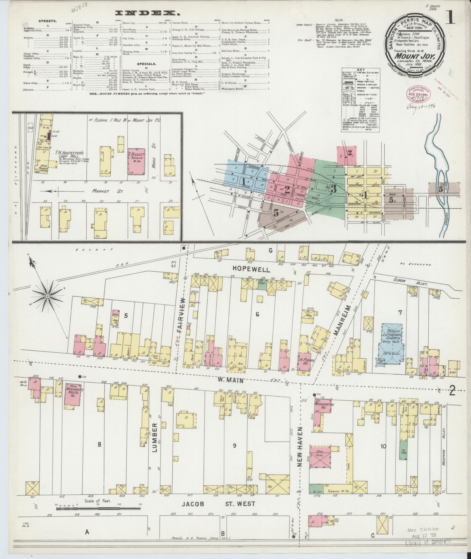 Sanborn Fire Insurance Map from Mount Joy, Lancaster County, Pennsylvania (1896), Sheet #0001 - Historic Sanborn Fire Insurance Map Print, vintage old map wall art, antique decor, genealogy gift, Pennsylvania Pennsylvania map