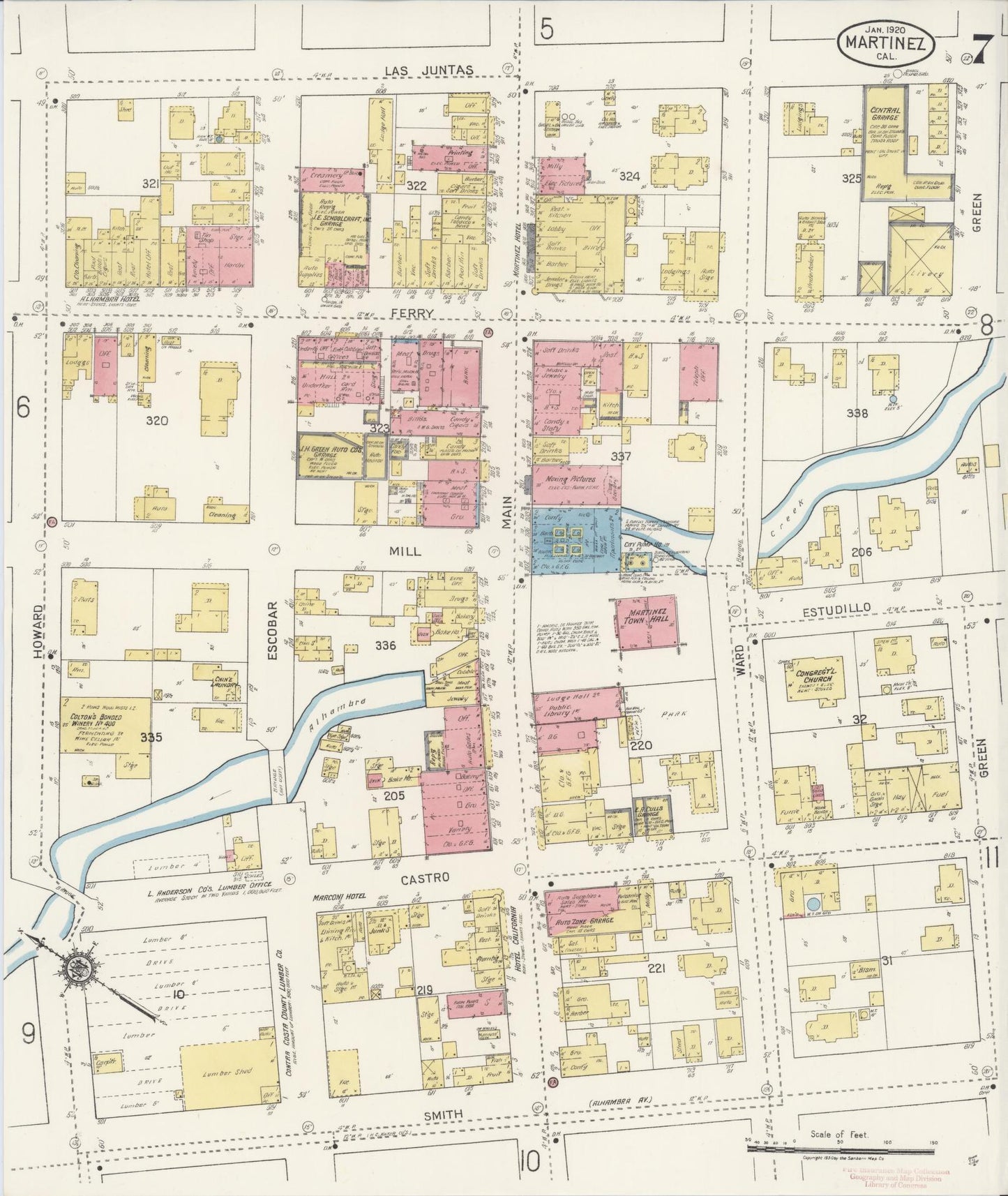 Sanborn Fire Insurance Map from Martinez, Contra Costa County, California (1920), Sheet #0007 - Historic Sanborn Fire Insurance Map Print, vintage old map wall art, antique decor, genealogy gift, California California map