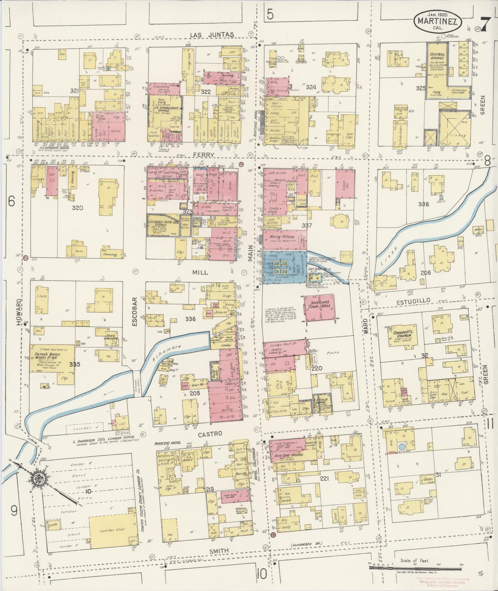 Sanborn Fire Insurance Map from Martinez, Contra Costa County, California (1920), Sheet #0007 - Historic Sanborn Fire Insurance Map Print, vintage old map wall art, antique decor, genealogy gift, California California map
