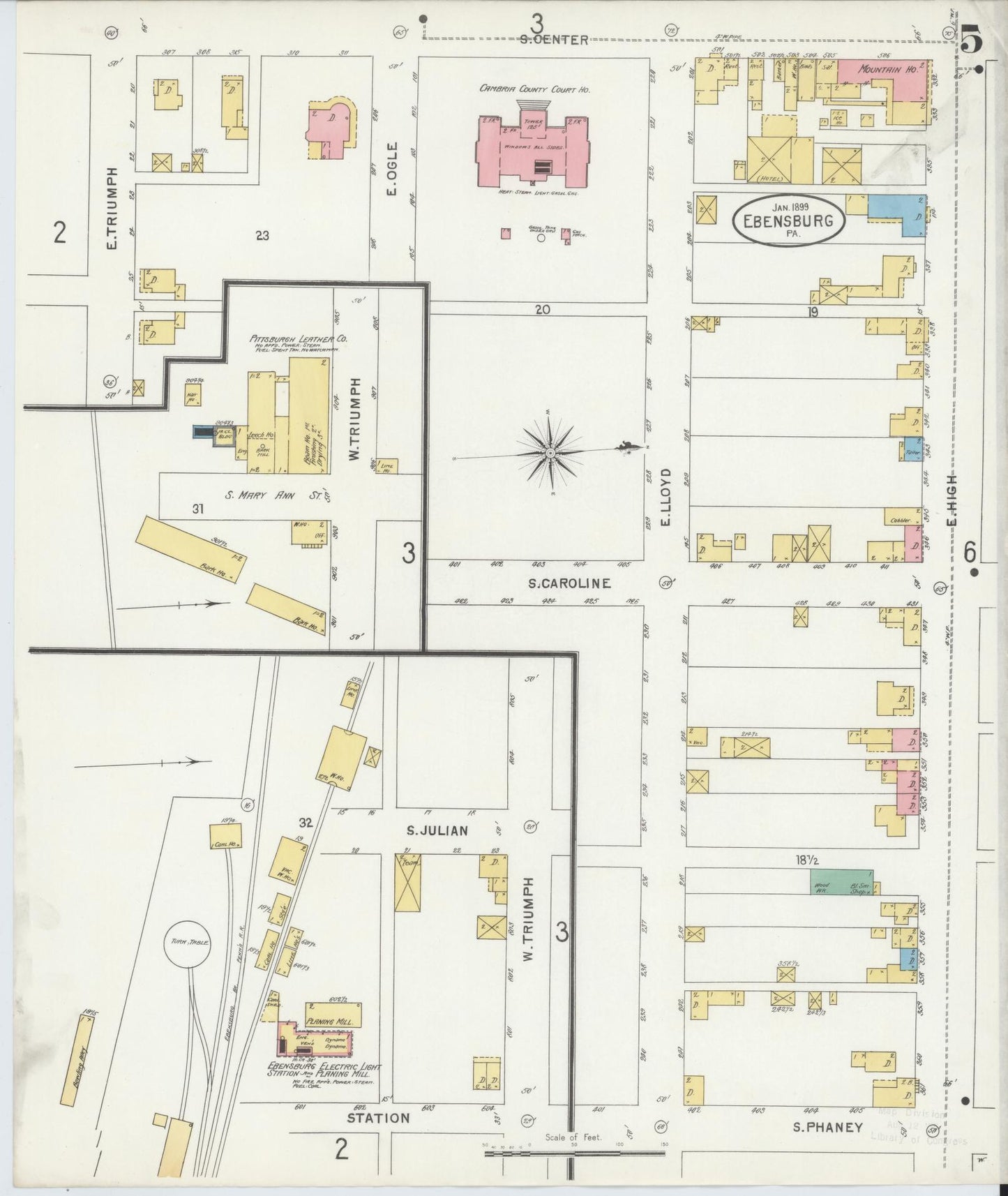 Sanborn Fire Insurance Map from Ebensburg, Cambria County, Pennsylvania (1899), Sheet #0005 - Historic Sanborn Fire Insurance Map Print, vintage old map wall art, antique decor, genealogy gift, Pennsylvania Pennsylvania map