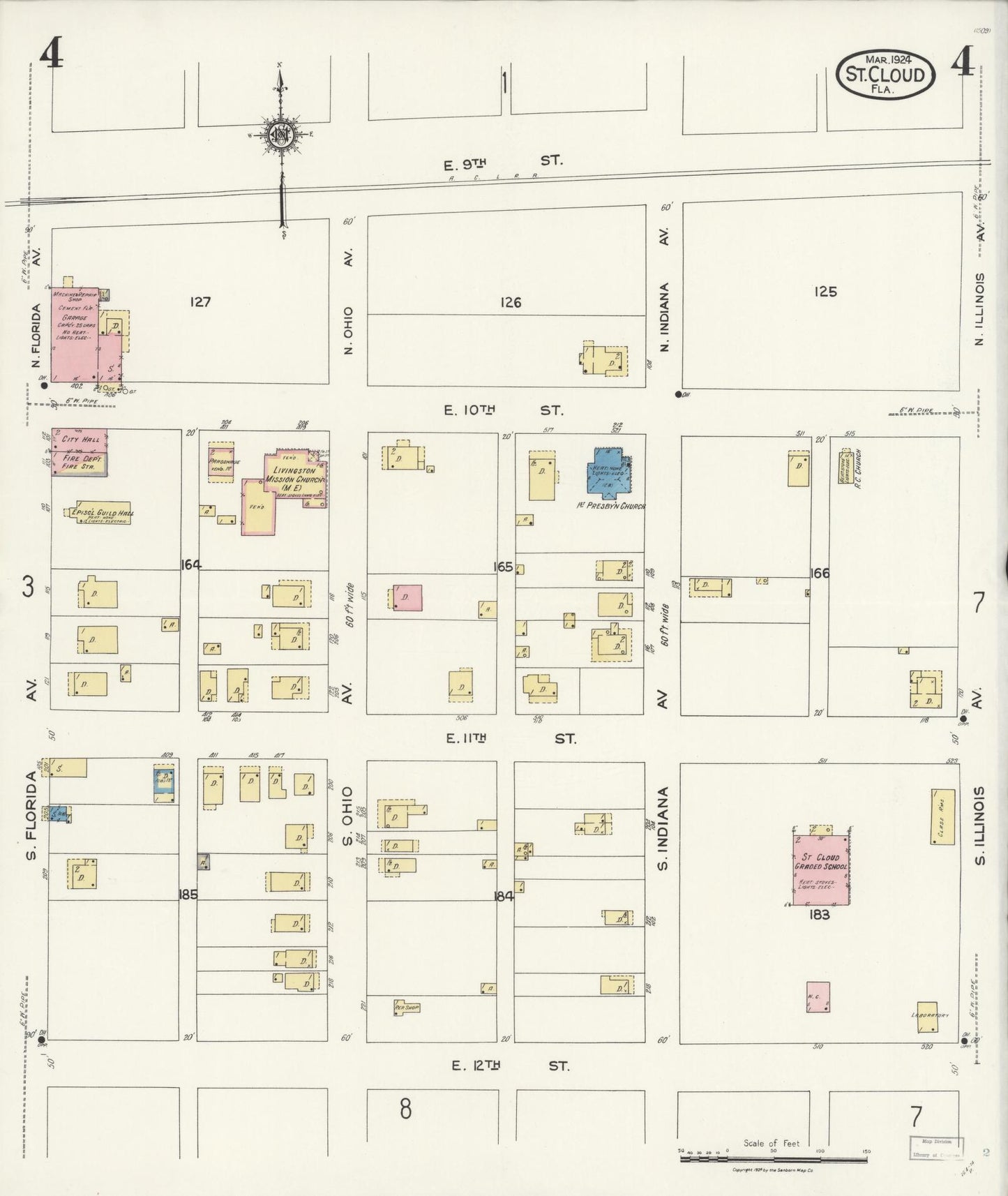 Sanborn Fire Insurance Map from Saint Cloud, Osceola County, Florida (1924), Sheet #0004 - Complete Map Set gallery image, historic Sanborn map, vintage wall art, Florida Florida