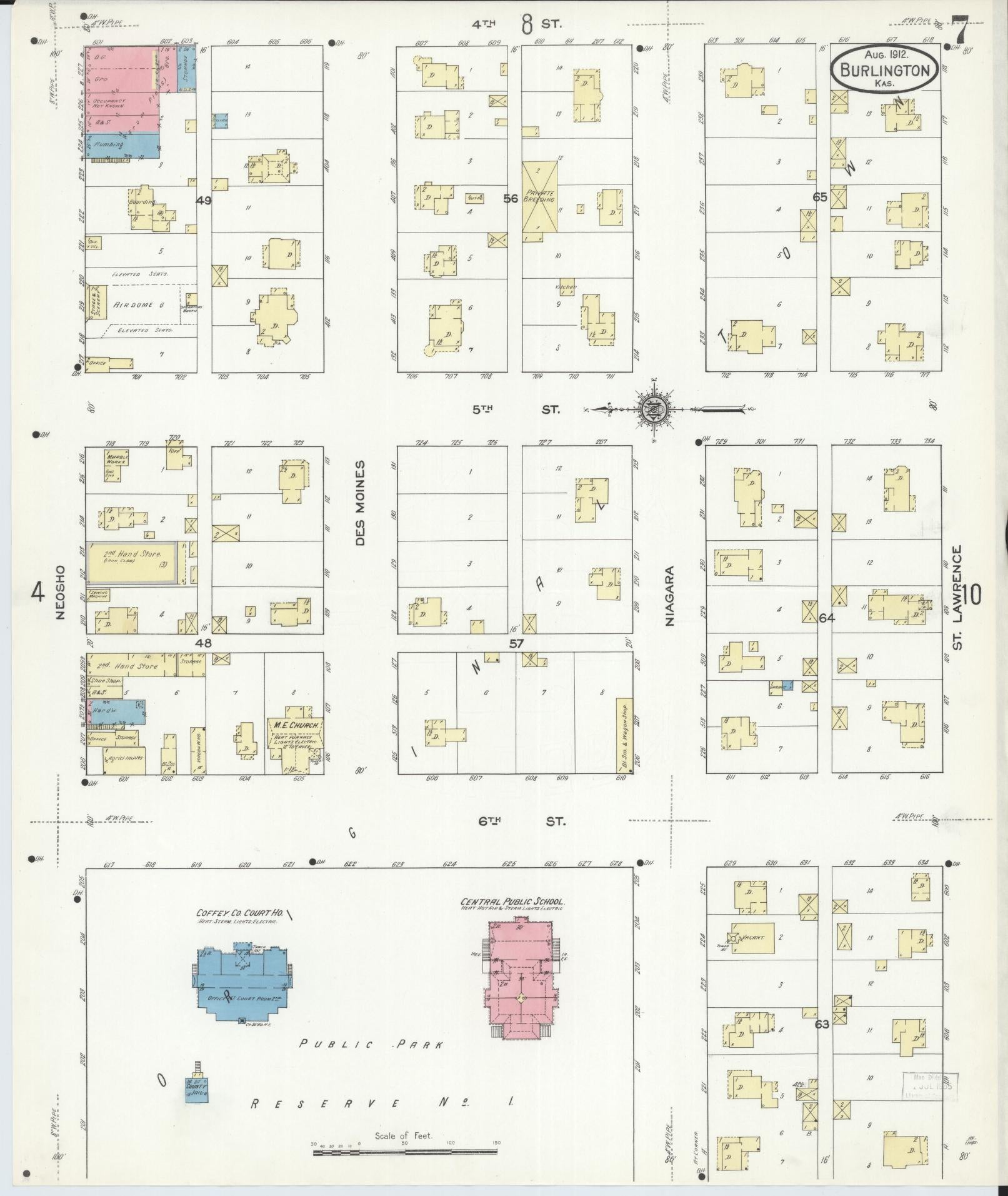 Sanborn Fire Insurance Map from Burlington, Coffey County, Kansas (1912), Sheet #0007 - Historic Sanborn Fire Insurance Map Print, vintage old map wall art, antique decor, genealogy gift, Kansas Kansas map