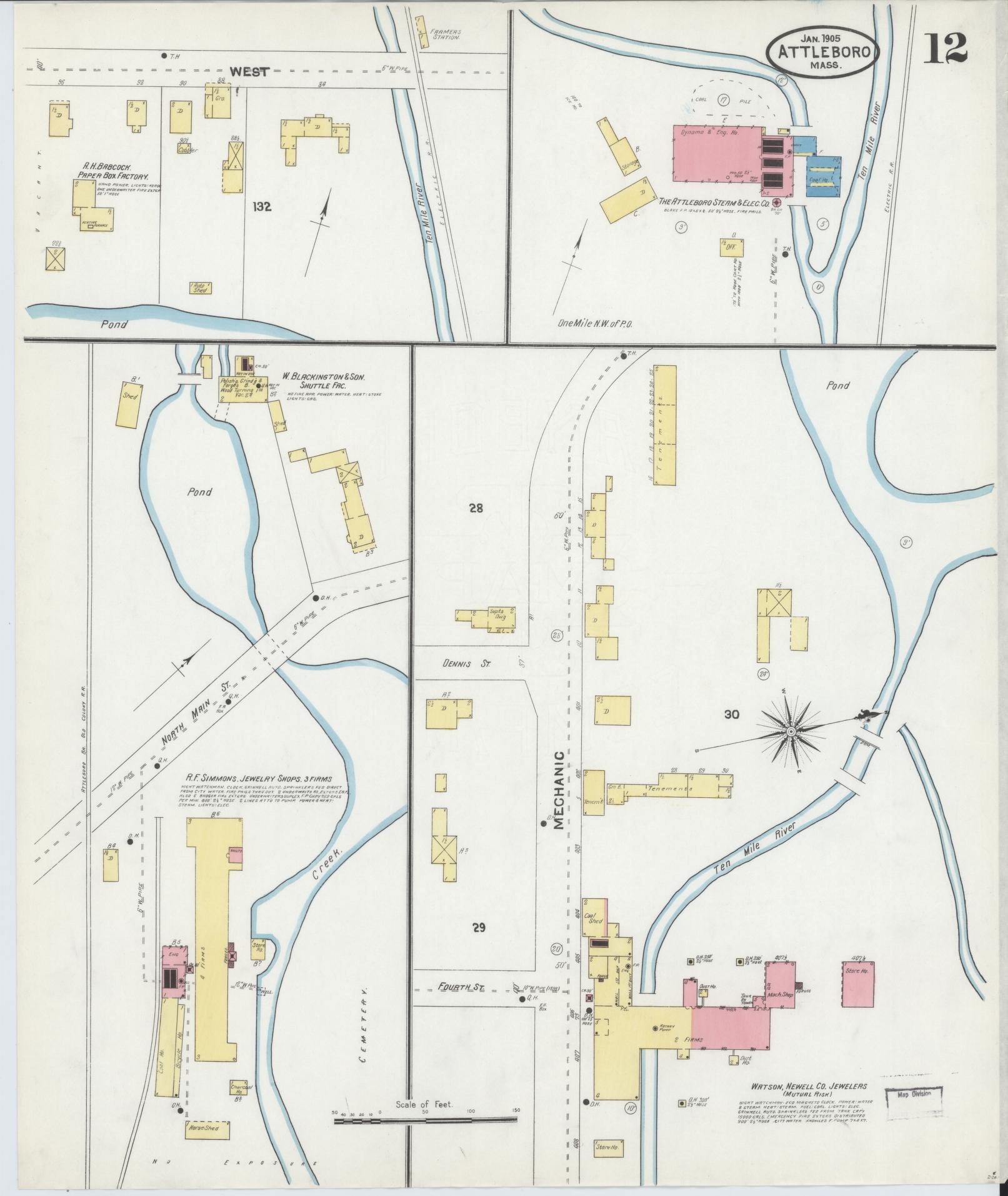 Sanborn Fire Insurance Map from Attleboro, Bristol County, Massachusetts (1905), Sheet #0012 - Historic Sanborn Fire Insurance Map Print, vintage old map wall art, antique decor, genealogy gift, Massachusetts Massachusetts map
