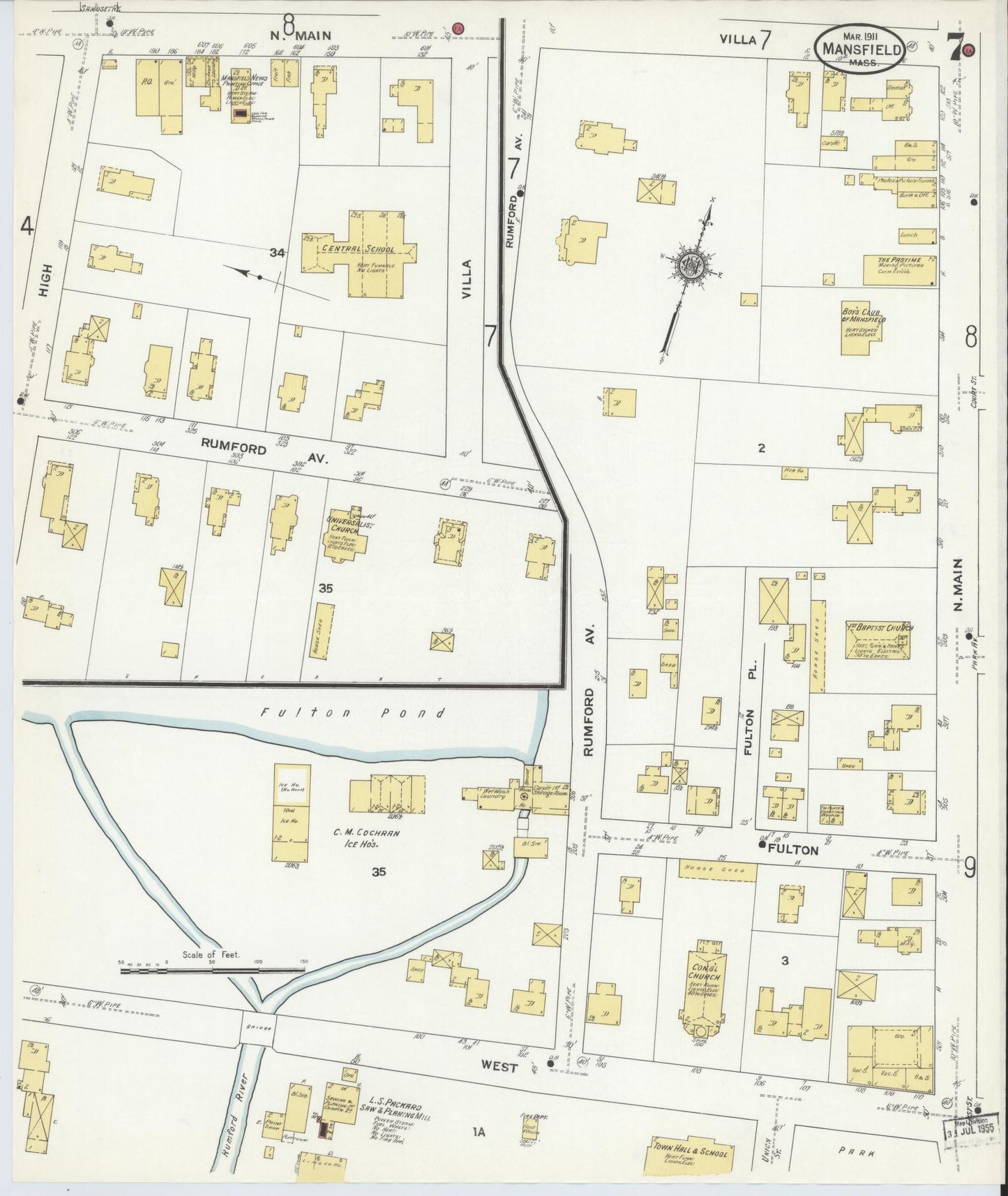Sanborn Fire Insurance Map from Mansfield, Bristol County, Massachusetts (1911), Sheet #0007 - Complete Map Set gallery image, historic Sanborn map, vintage wall art, Massachusetts Massachusetts