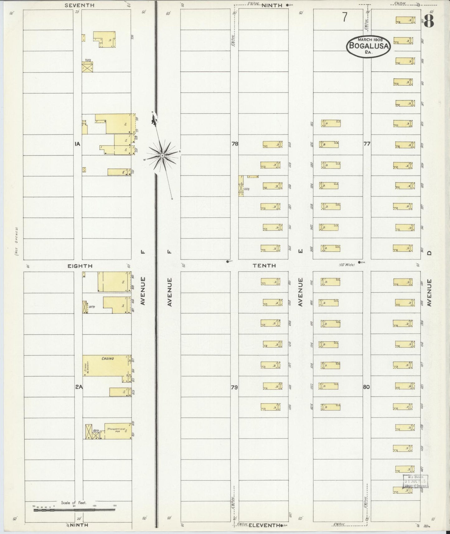 Sanborn Fire Insurance Map from Bogalusa, Washington Parish, Louisiana (1908), Sheet #0008 - Historic Sanborn Fire Insurance Map Print, vintage old map wall art, antique decor, genealogy gift, Louisiana Louisiana map