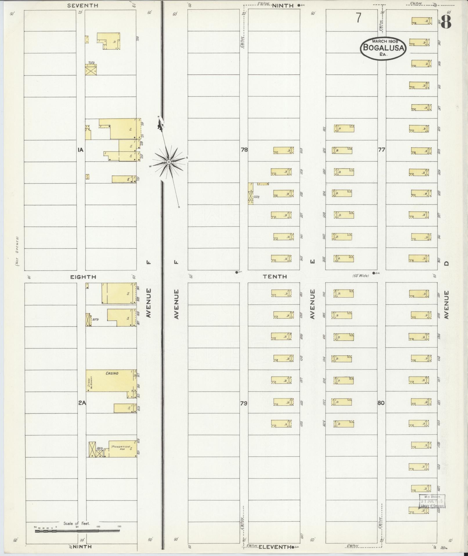 Sanborn Fire Insurance Map from Bogalusa, Washington Parish, Louisiana (1908), Sheet #0008 - Historic Sanborn Fire Insurance Map Print, vintage old map wall art, antique decor, genealogy gift, Louisiana Louisiana map