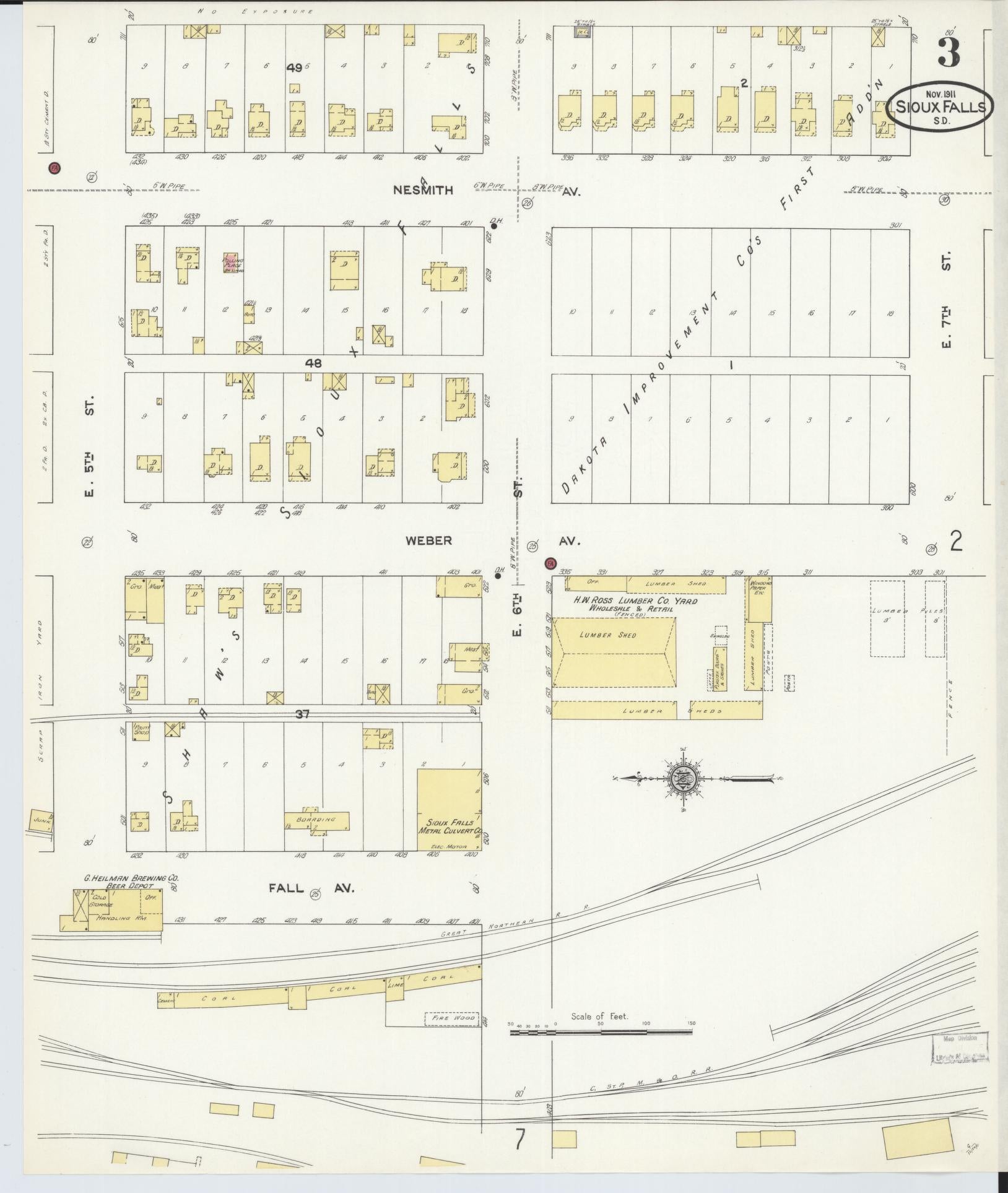Sanborn Fire Insurance Map from Sioux Falls, Minnehaha County, South Dakota (1911), Sheet #0003 - Complete Map Set gallery image, historic Sanborn map, vintage wall art, South Dakota South Dakota