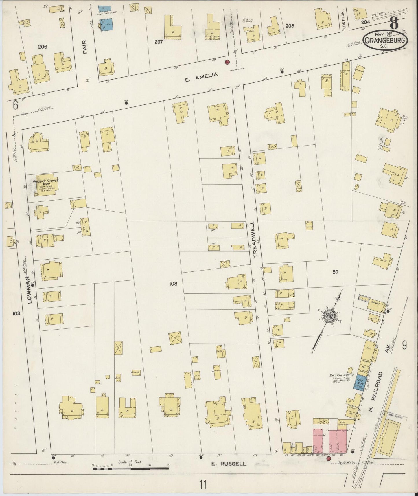 Sanborn Fire Insurance Map from Orangeburg, Orangeburg County, South Carolina (1915), Sheet #0008 - Historic Sanborn Fire Insurance Map Print, vintage old map wall art, antique decor, genealogy gift, South Carolina South Carolina map