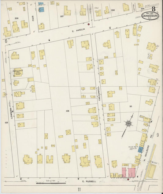 Sanborn Fire Insurance Map from Orangeburg, Orangeburg County, South Carolina (1915), Sheet #0008 - Historic Sanborn Fire Insurance Map Print, vintage old map wall art, antique decor, genealogy gift, South Carolina South Carolina map