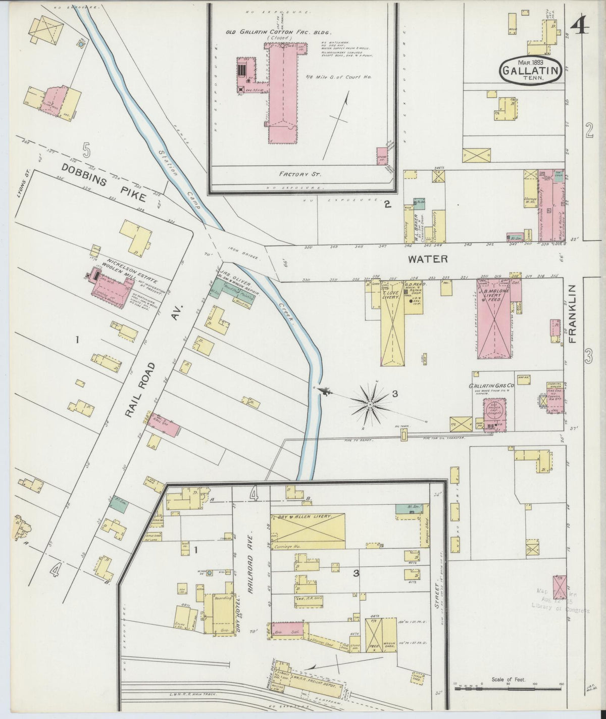Sanborn Fire Insurance Map from Gallatin, Sumner County, Tennessee (1893), Sheet #0004 - Historic Sanborn Fire Insurance Map Print, vintage old map wall art, antique decor, genealogy gift, Tennessee Tennessee map