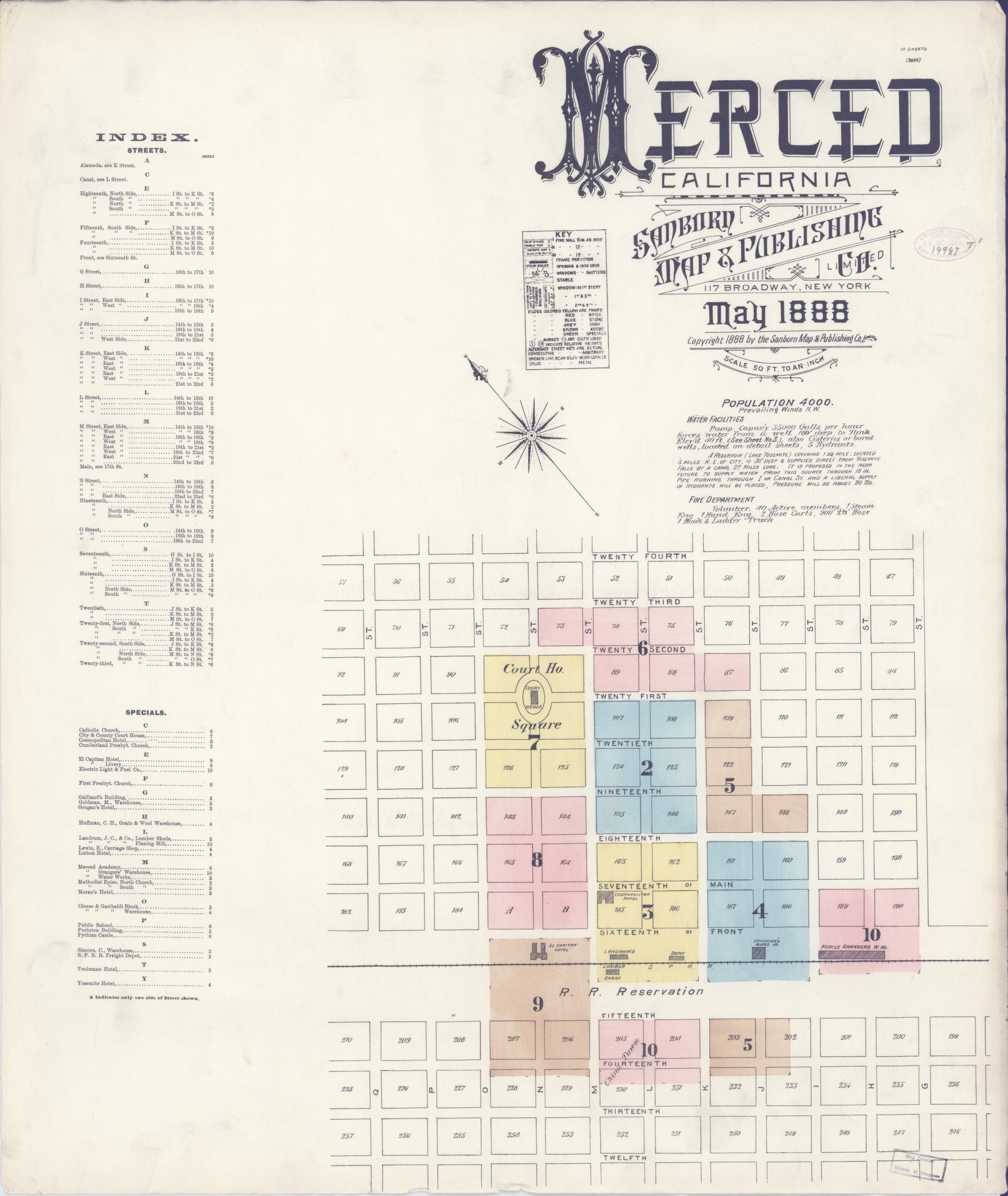 Sanborn Fire Insurance Map from Merced, Merced County, California (1888), Sheet #0001 - Historic Sanborn Fire Insurance Map Print, vintage old map wall art, antique decor, genealogy gift, California California map